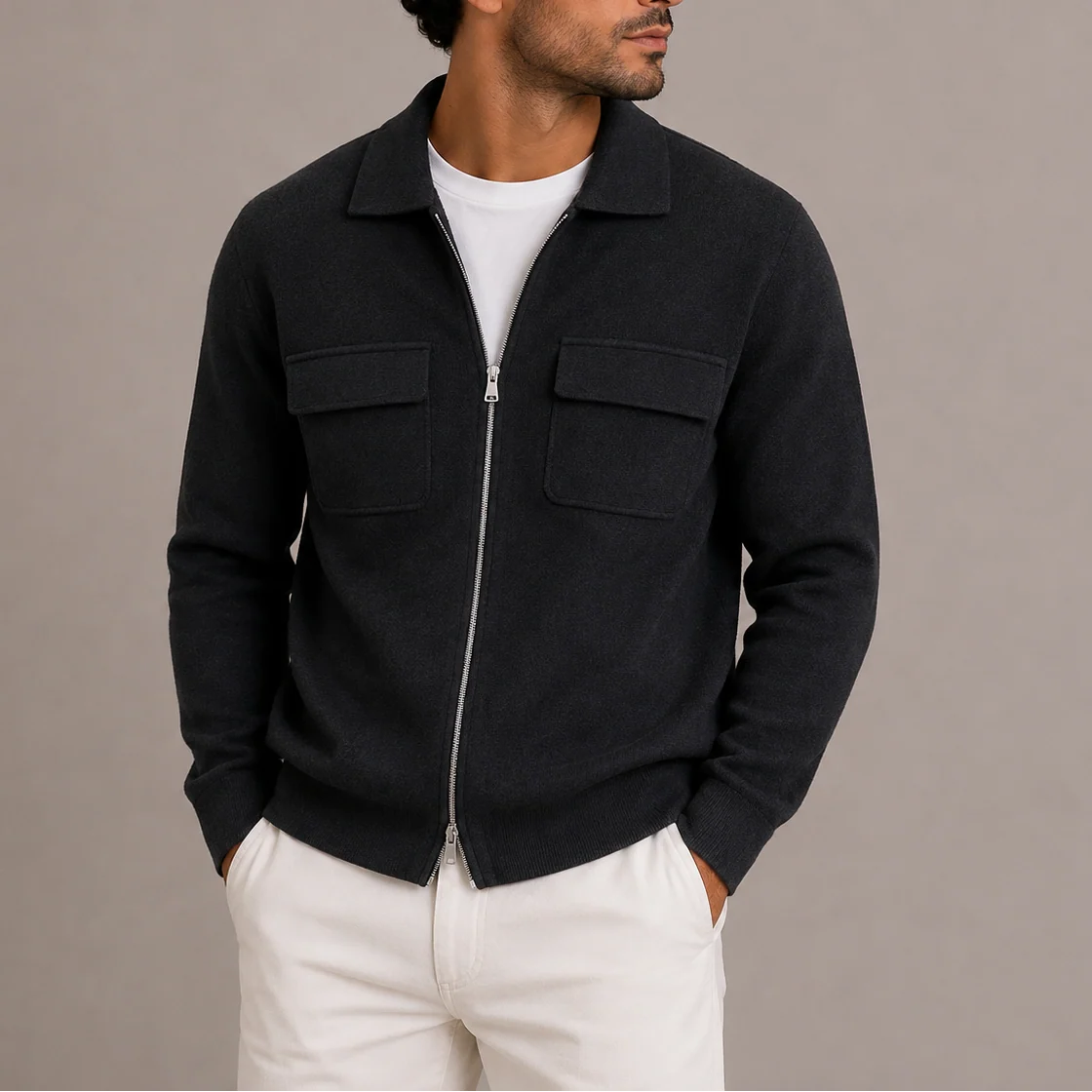 Men's Knit Zip-Up Jacket with Classic Collar and Pockets 2