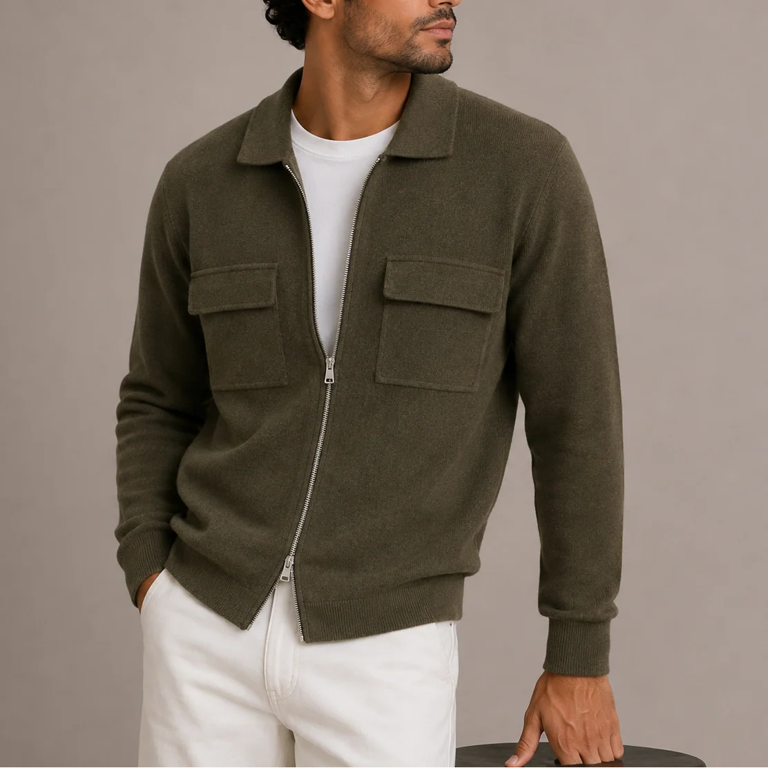 Men's Knit Zip-Up Jacket with Classic Collar and Pockets 3