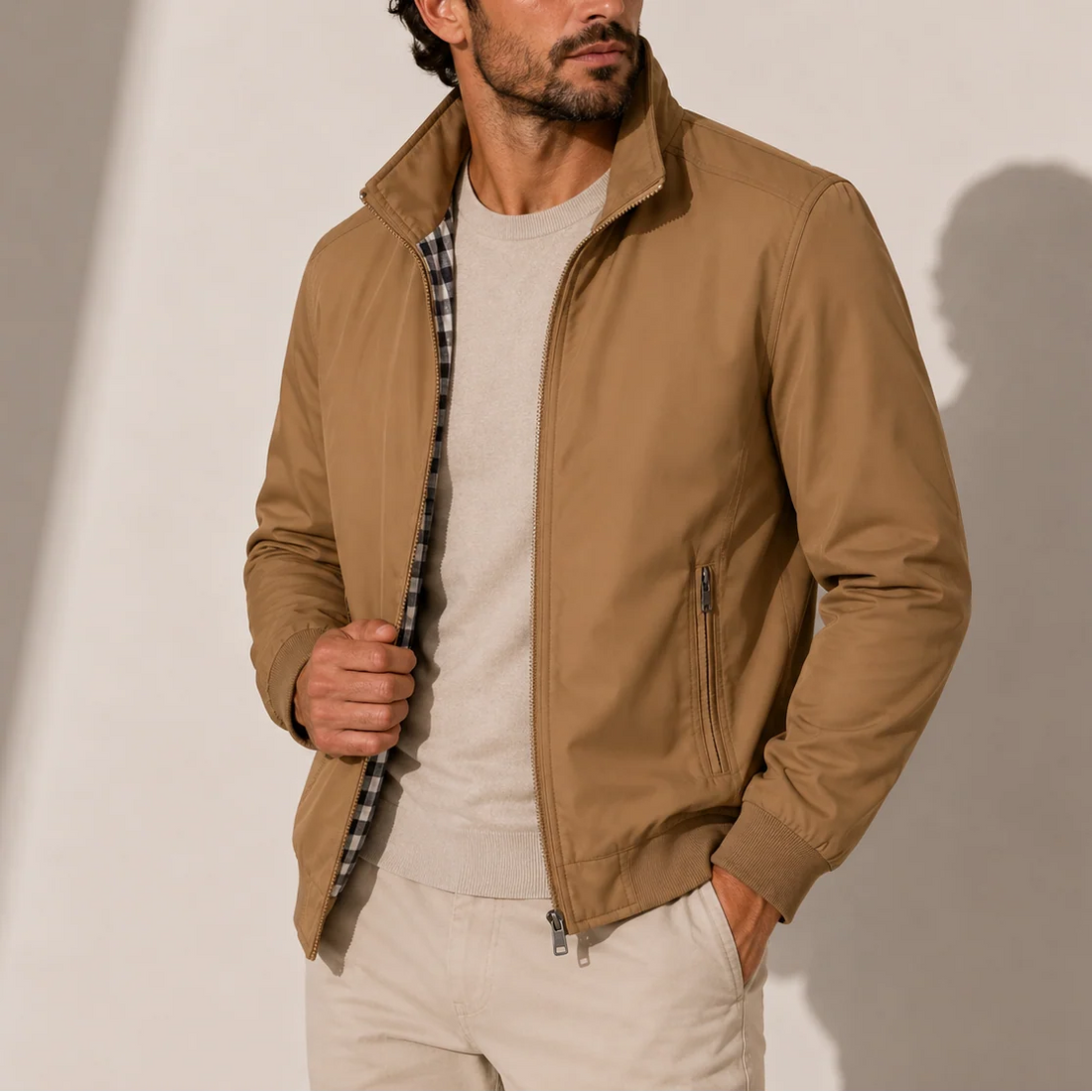 Men's Lightweight Casual Bomber Jacket with Stand Collar 0