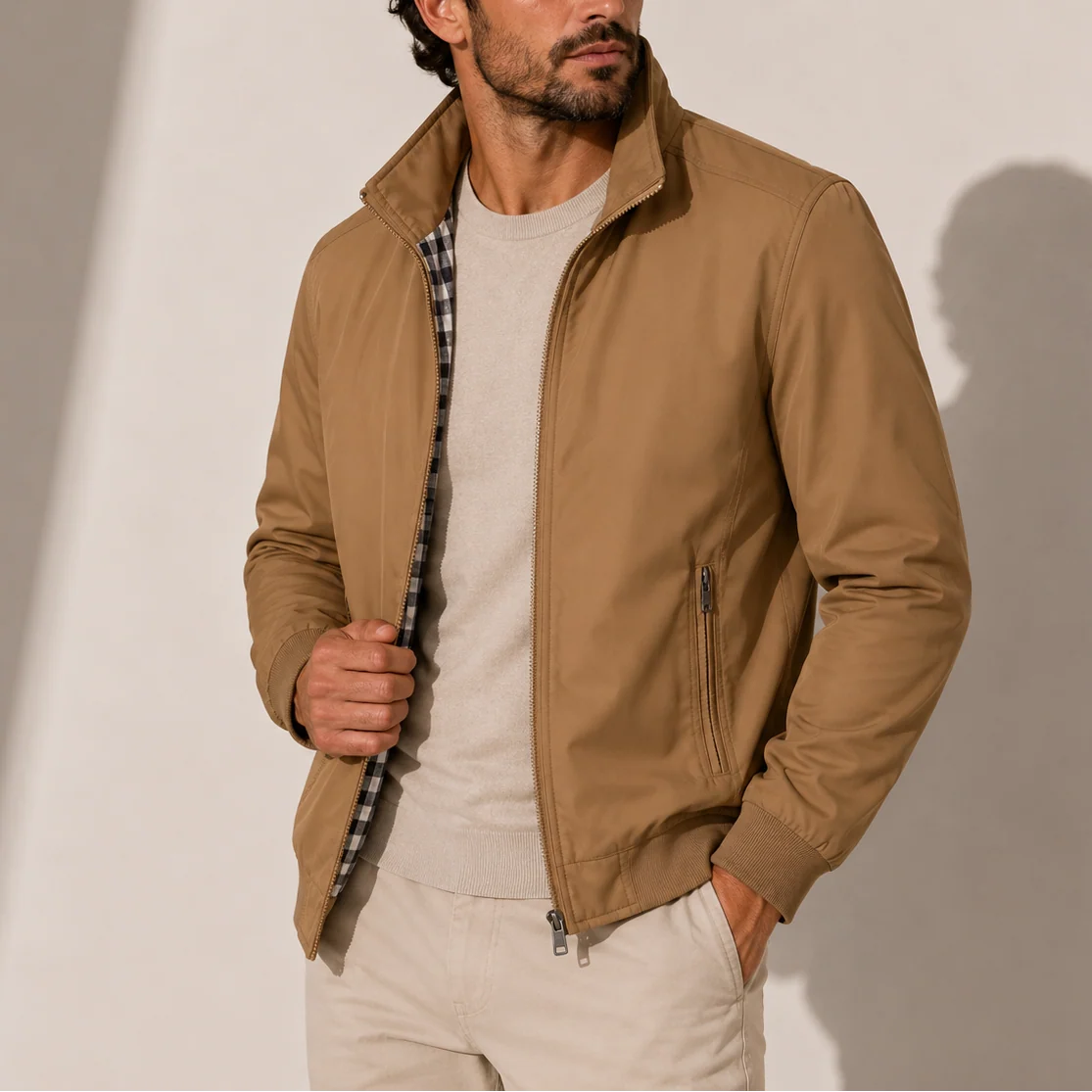 Men's Lightweight Casual Bomber Jacket with Stand Collar 1