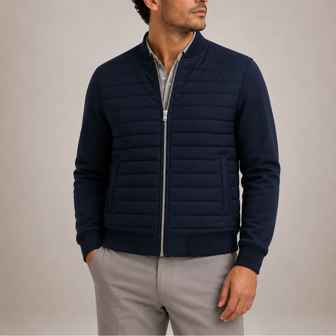 Men's Lightweight Quilted Bomber Jacket with Stand Collar 0