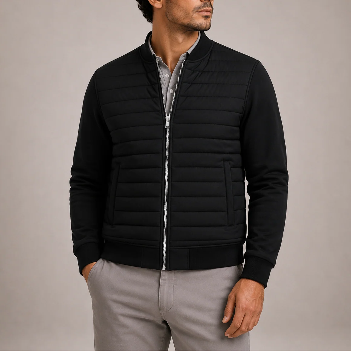 Men's Lightweight Quilted Bomber Jacket with Stand Collar 3