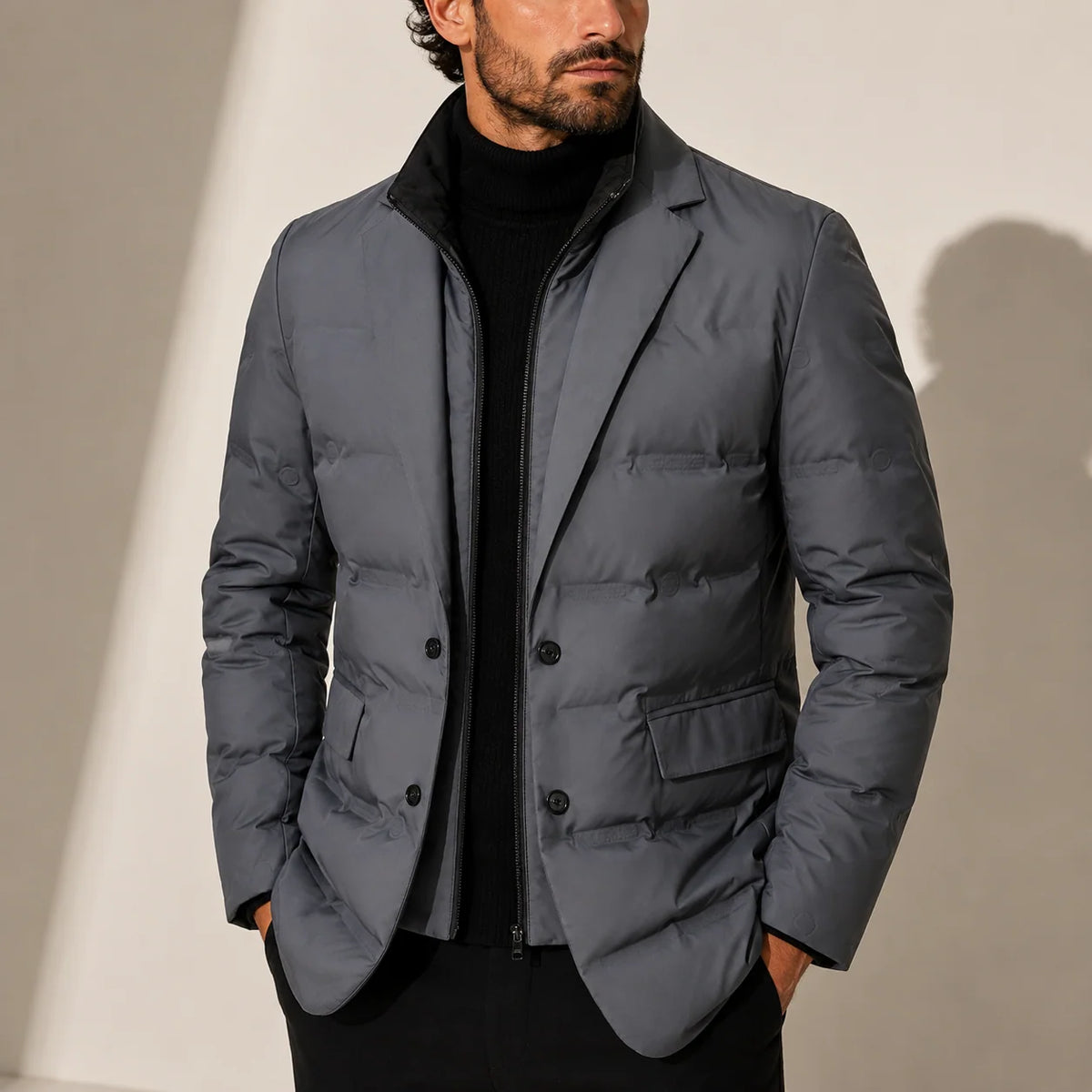 Men's Quilted Puffer Jacket with Structured Lapel 0