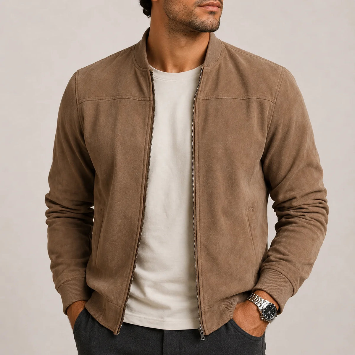 Men's Suede Bomber Jacket with Ribbed Details 0