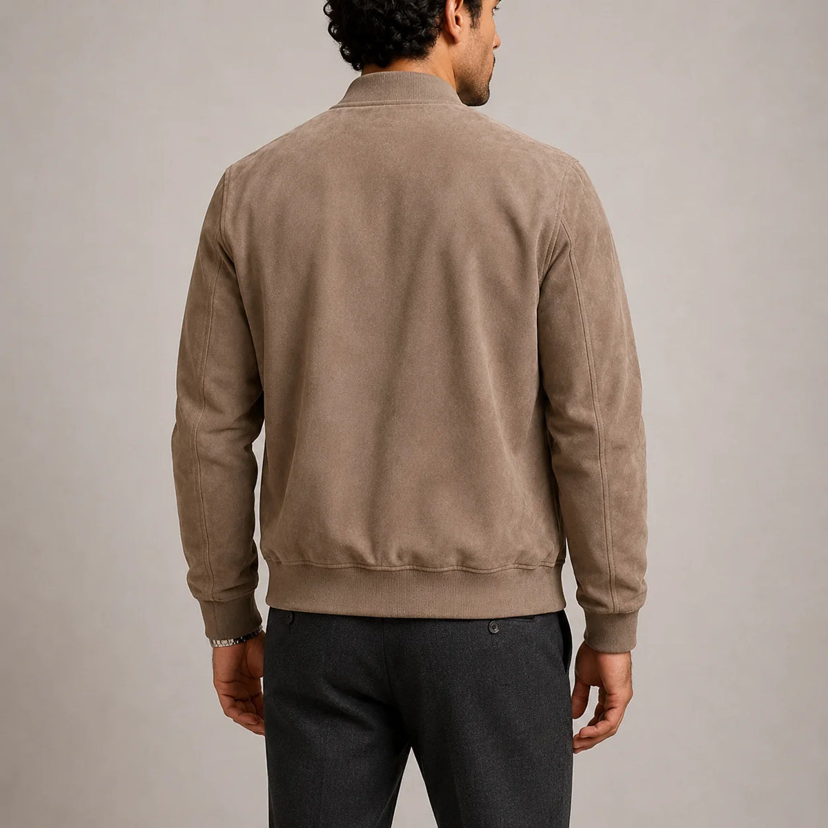 Men's Suede Bomber Jacket with Ribbed Details 1