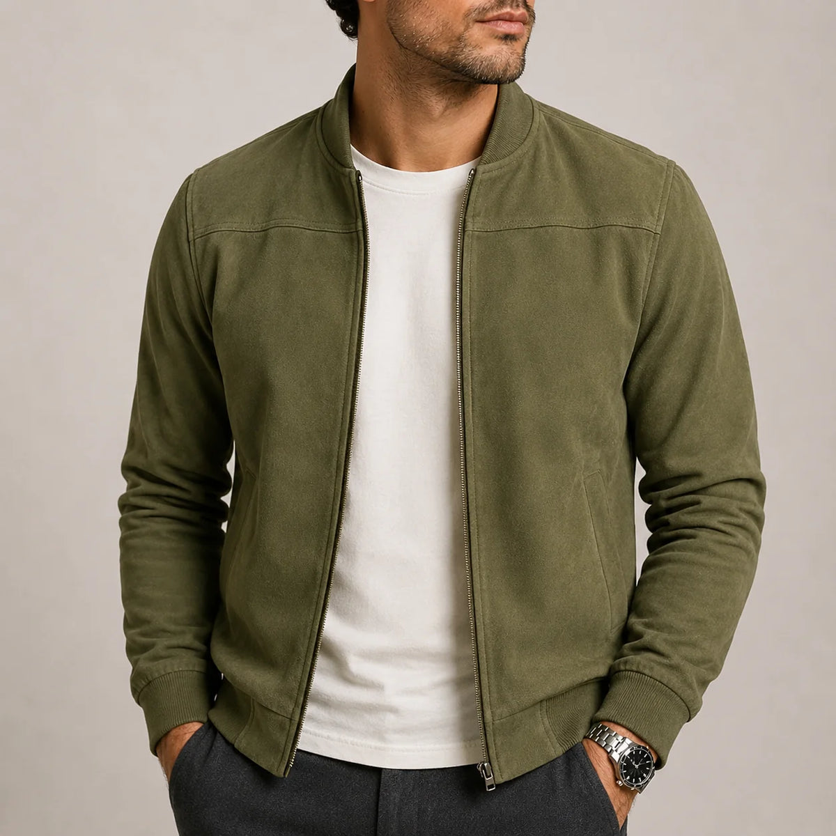 Men's Suede Bomber Jacket with Ribbed Details 2