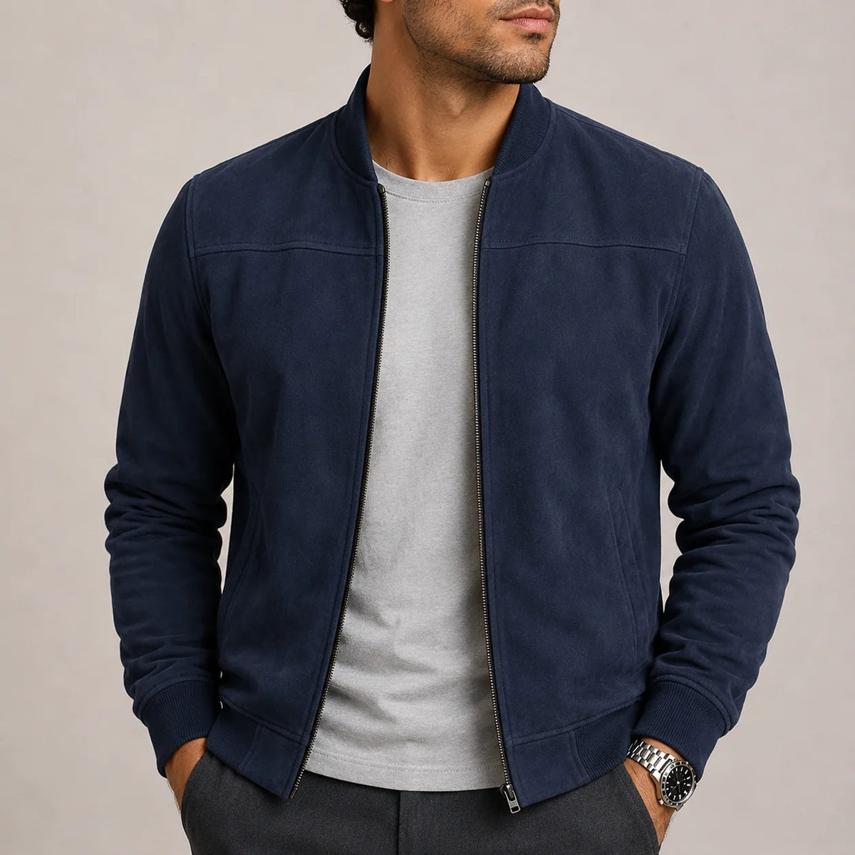 Men's Suede Bomber Jacket with Ribbed Details 3