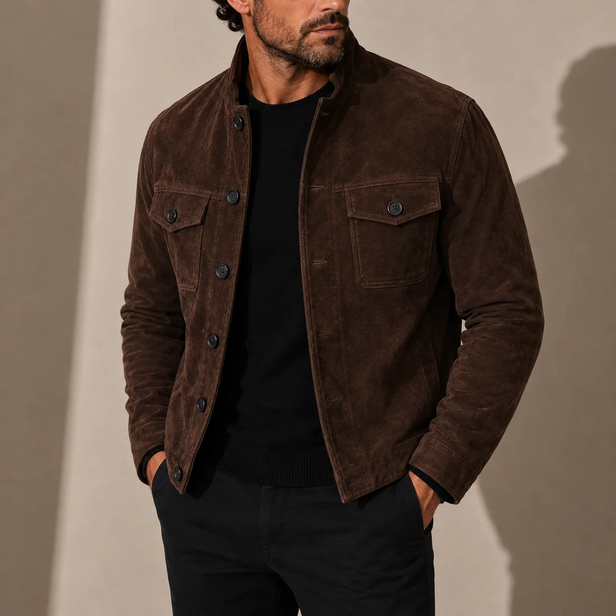 Men's Suede Casual Jacket with Stand Collar and Button-Up Closure 0