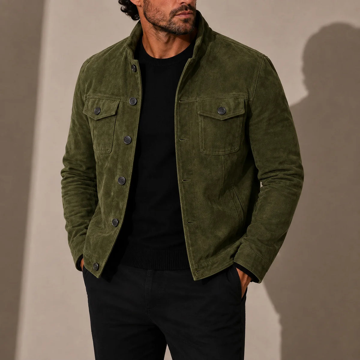 Men's Suede Casual Jacket with Stand Collar and Button-Up Closure 1