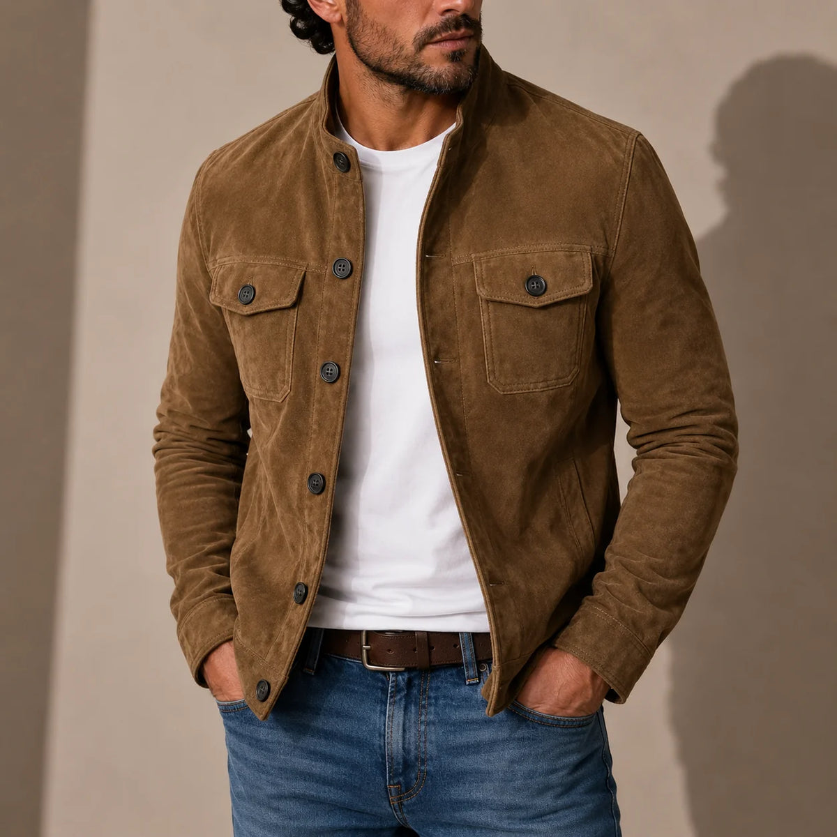Men's Suede Casual Jacket with Stand Collar and Button-Up Closure 2
