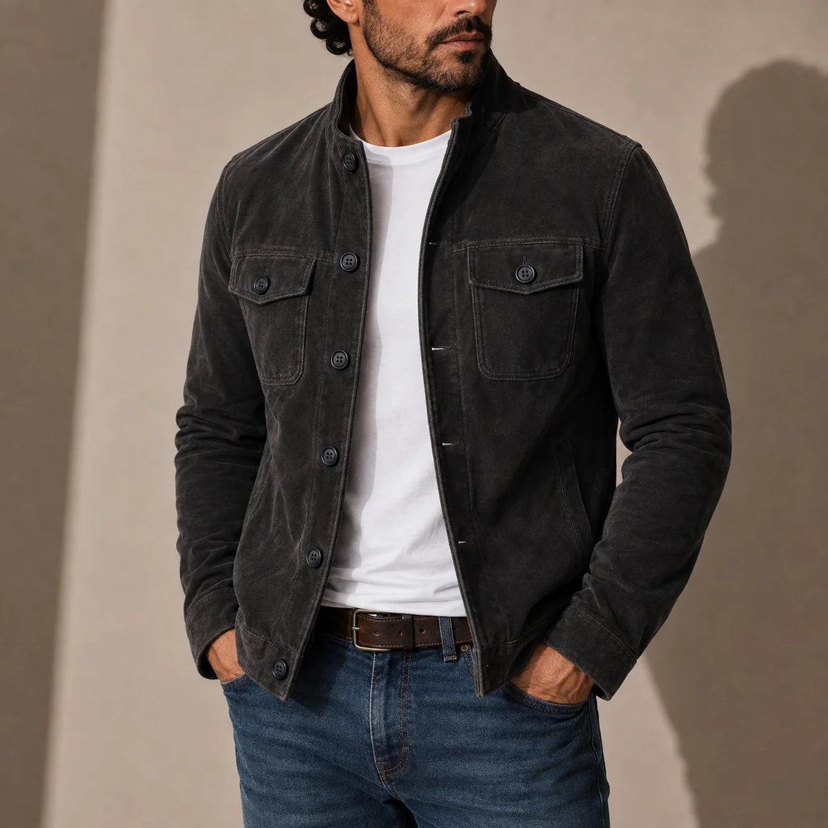 Men's Suede Casual Jacket with Stand Collar and Button-Up Closure 3