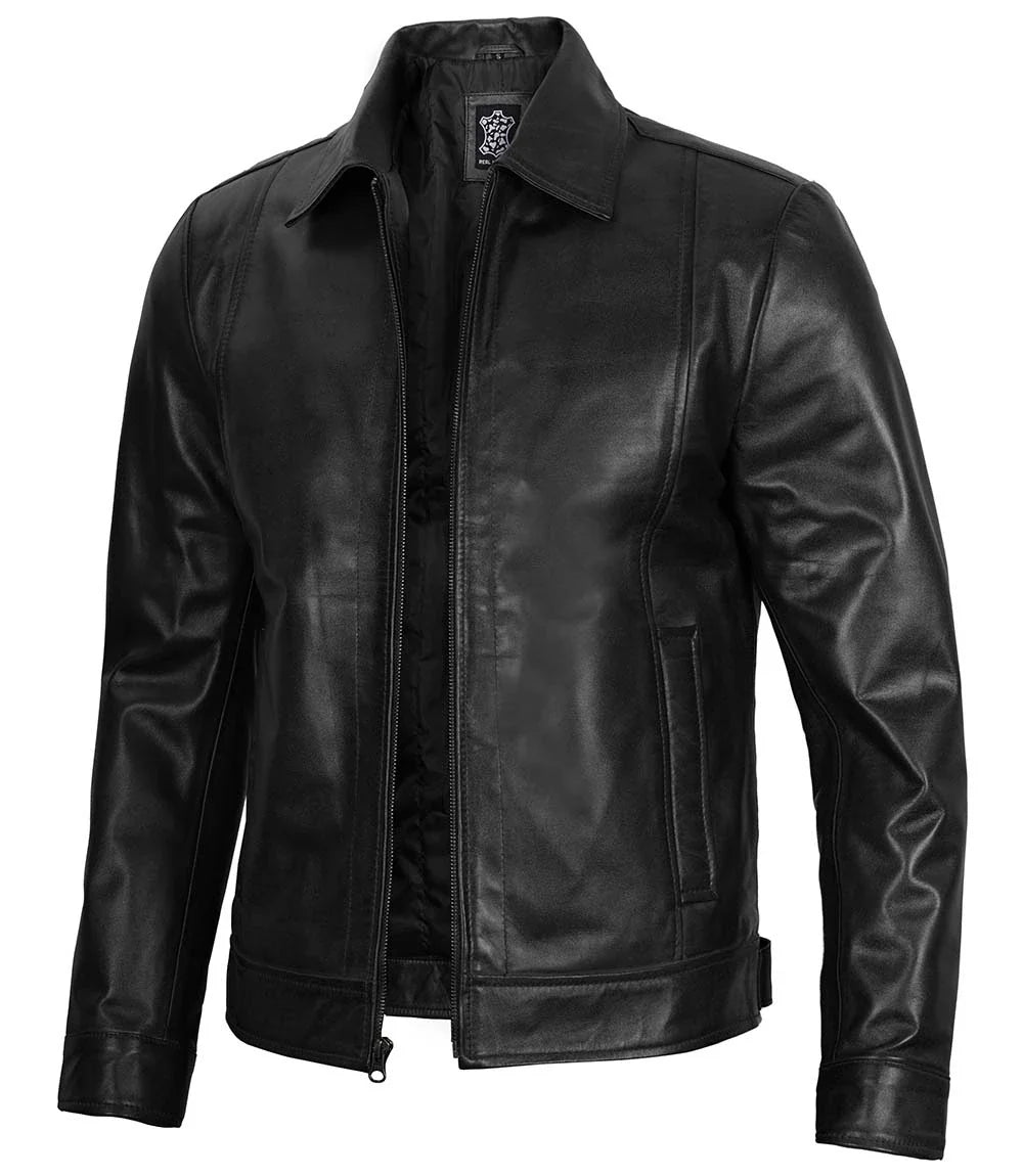Men's Vintage Black Leather Jacket with Zipper Closure 0