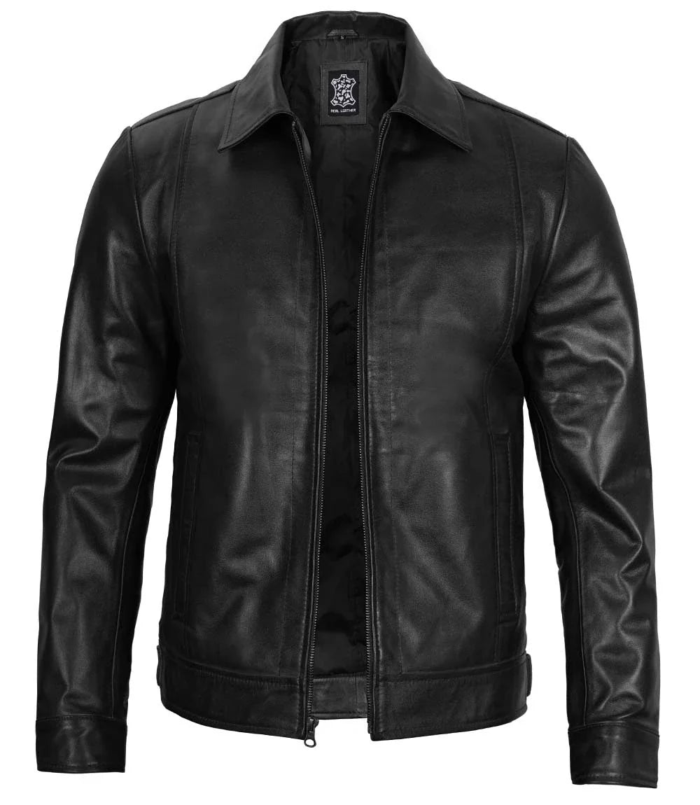 Men's Vintage Black Leather Jacket with Zipper Closure 1