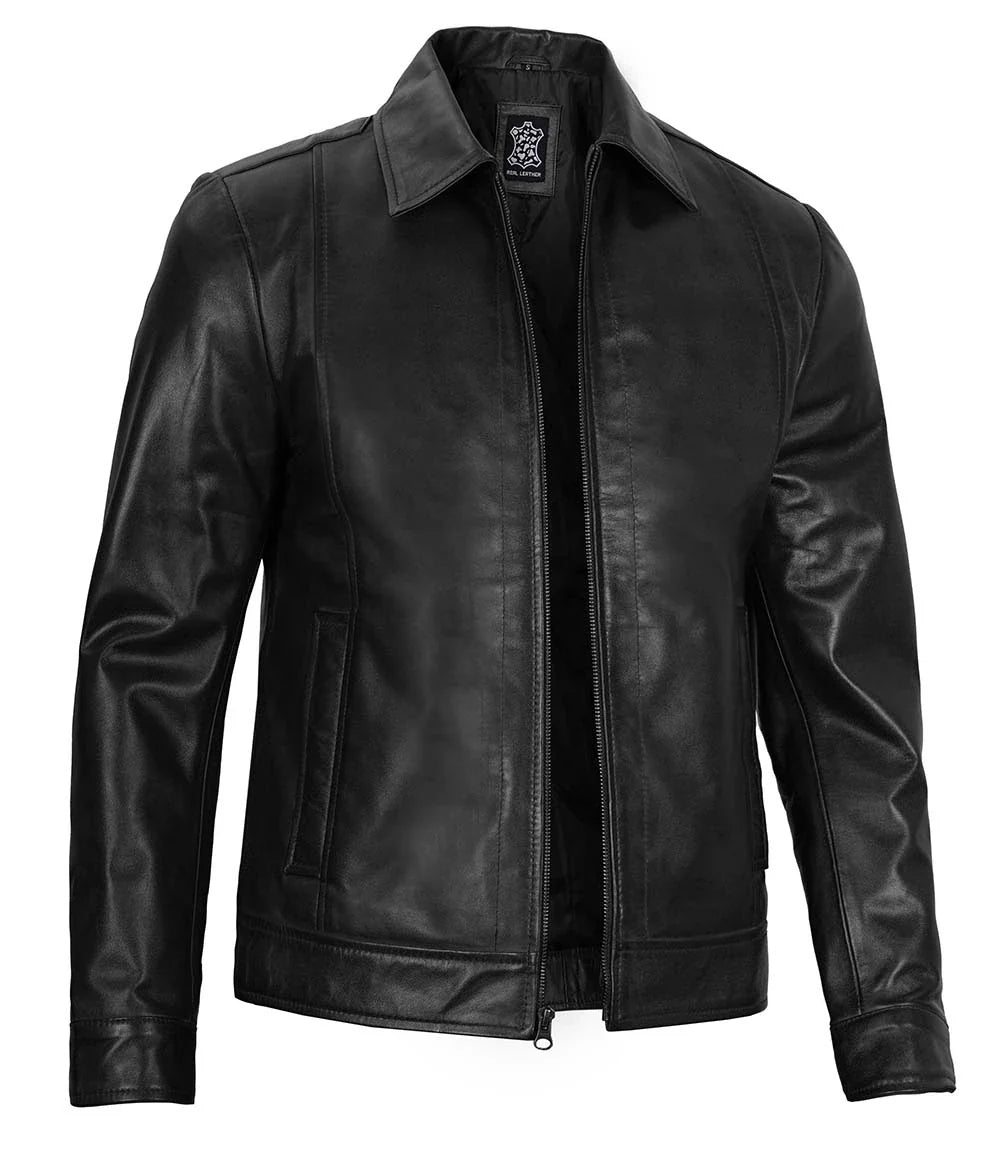 Men's Vintage Black Leather Jacket with Zipper Closure 2