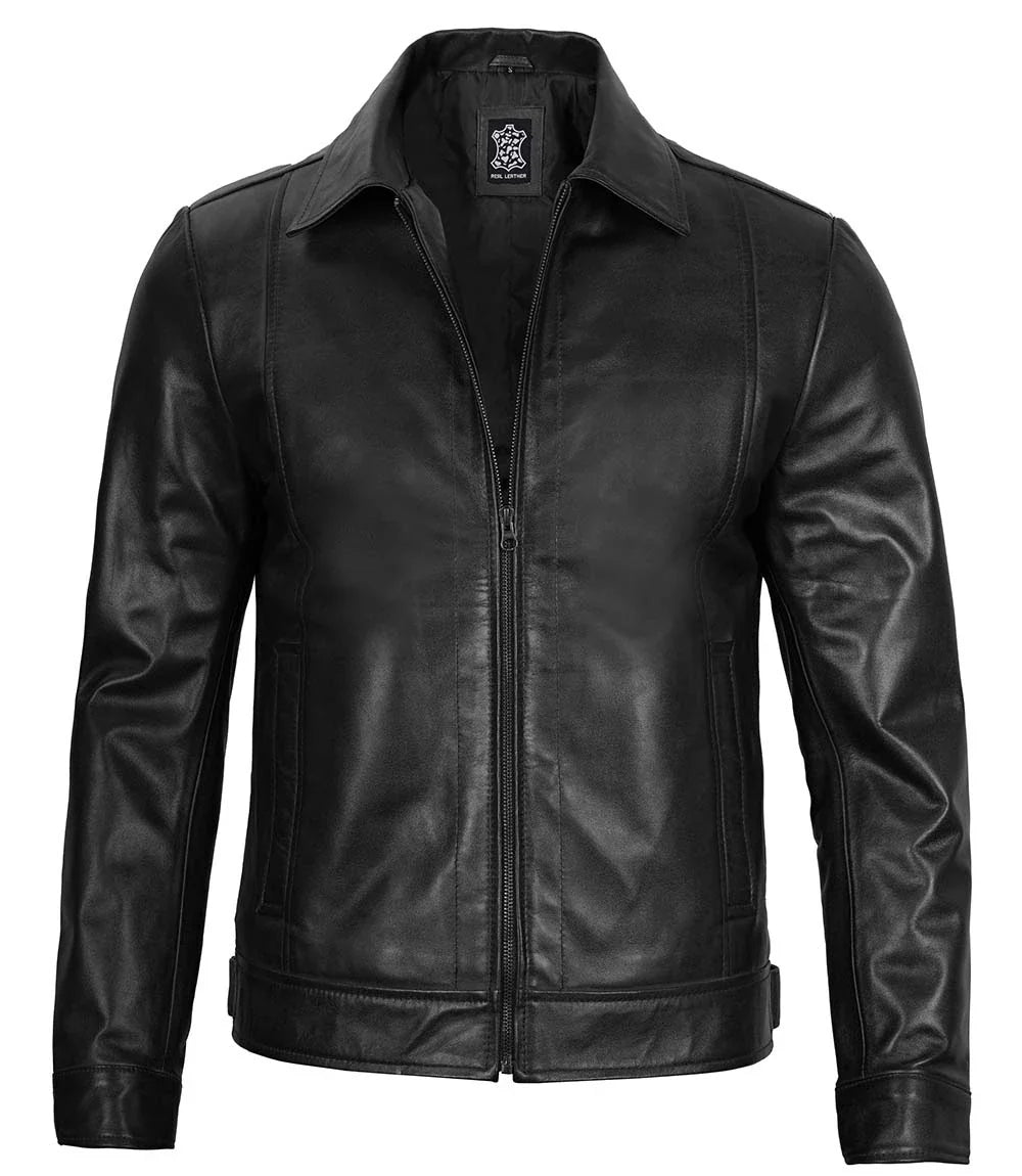 Men's Vintage Black Leather Jacket with Zipper Closure 3