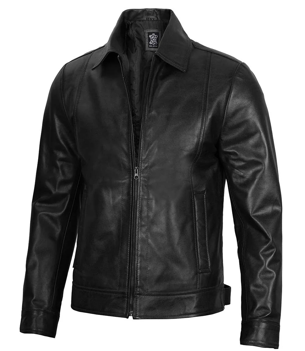 Men's Vintage Black Leather Jacket with Zipper Closure 4