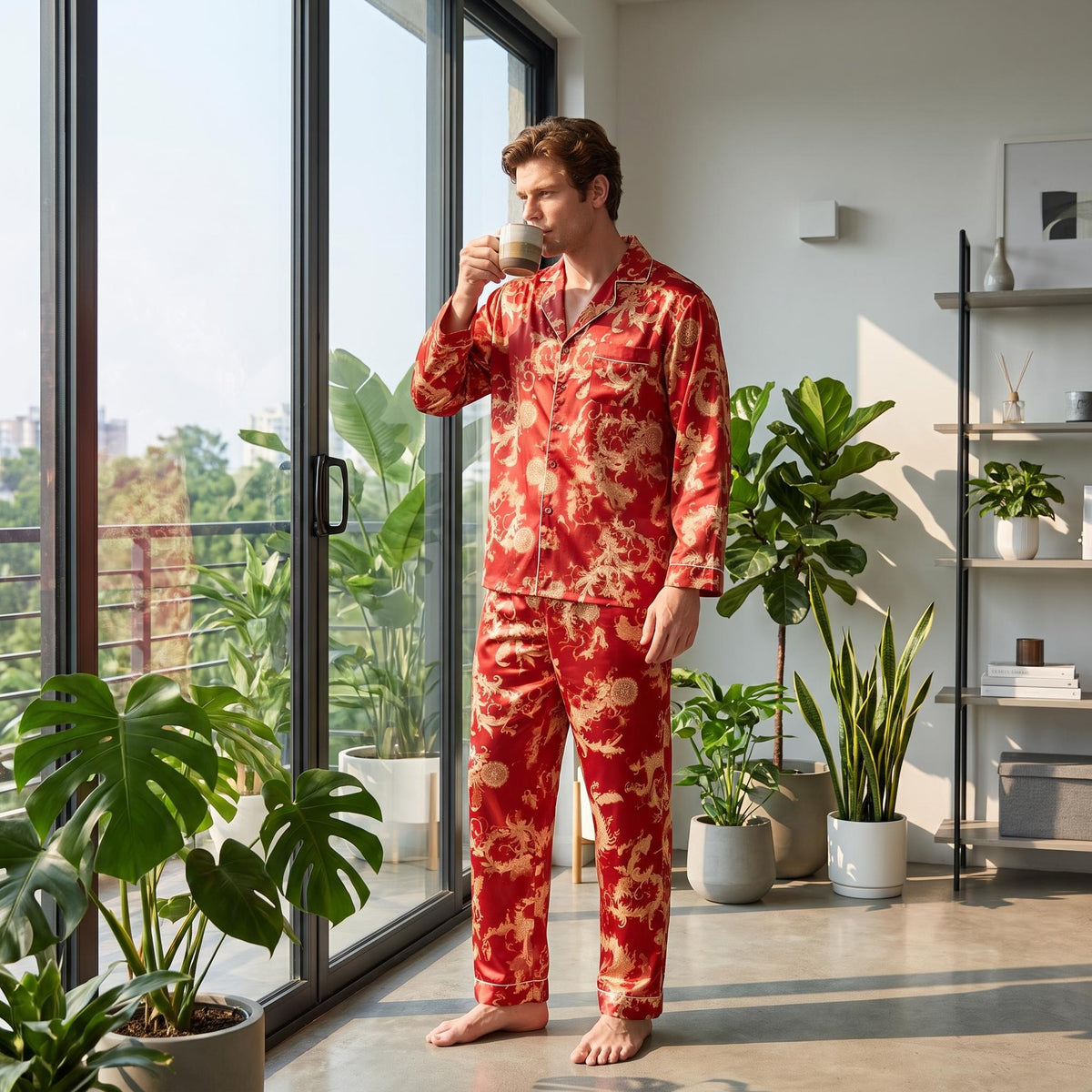 Man wearing a red mulberry silk pajama set with a gold dragon print, notch collar, and button-down top standing by a window.