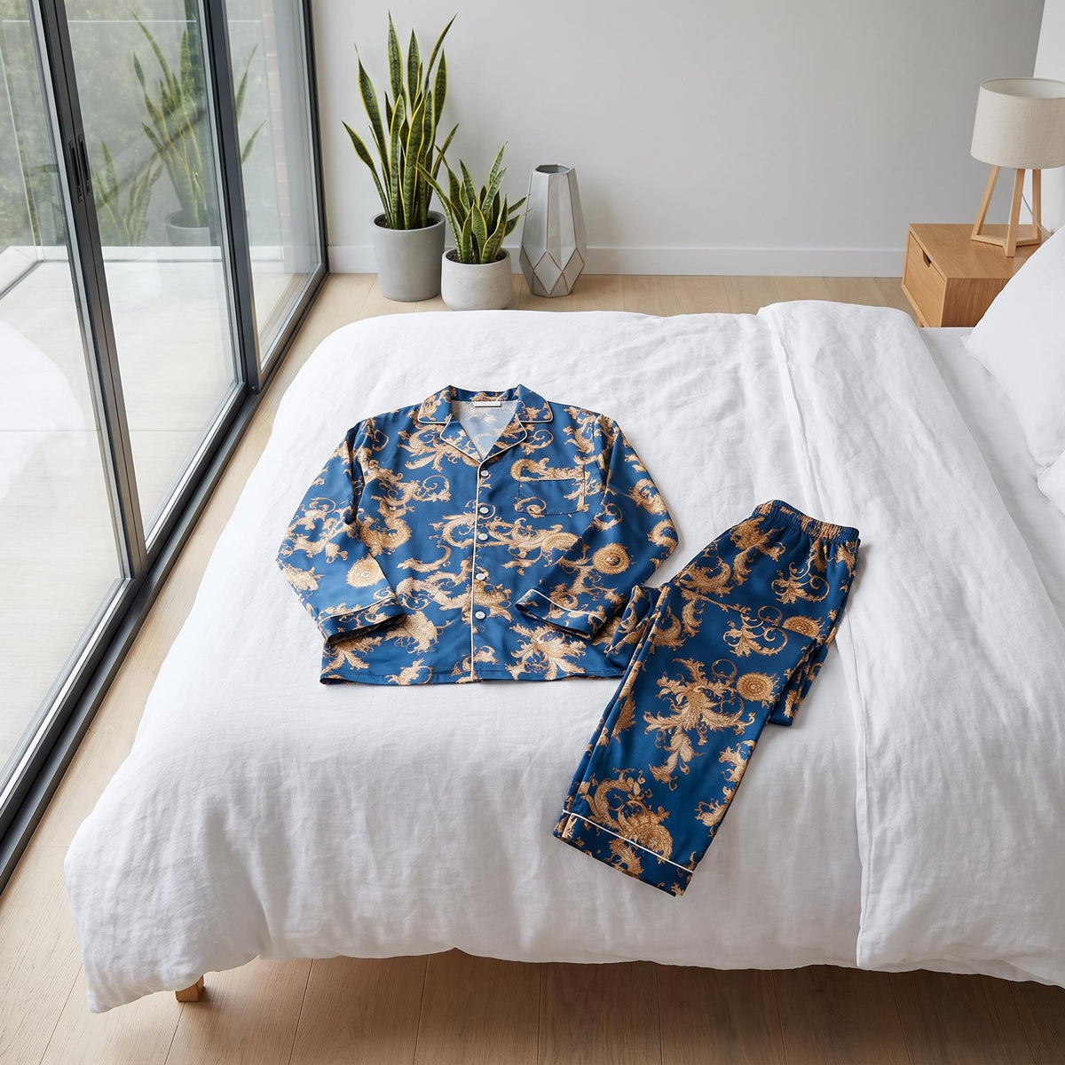 Men's blue mulberry silk pajama set with gold dragon print, featuring a notch collar and button-down top on a white bed.