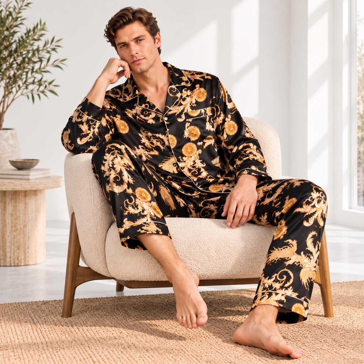 Man wearing a black and gold dragon print mulberry silk pajama set with a notch collar, seated in a white armchair.