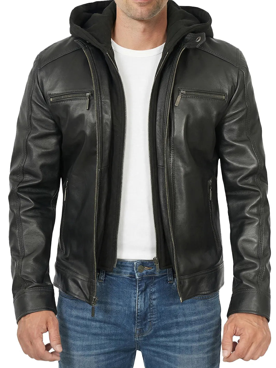 Merrill Black Lambskin Leather Jacket with Removable Hood 0