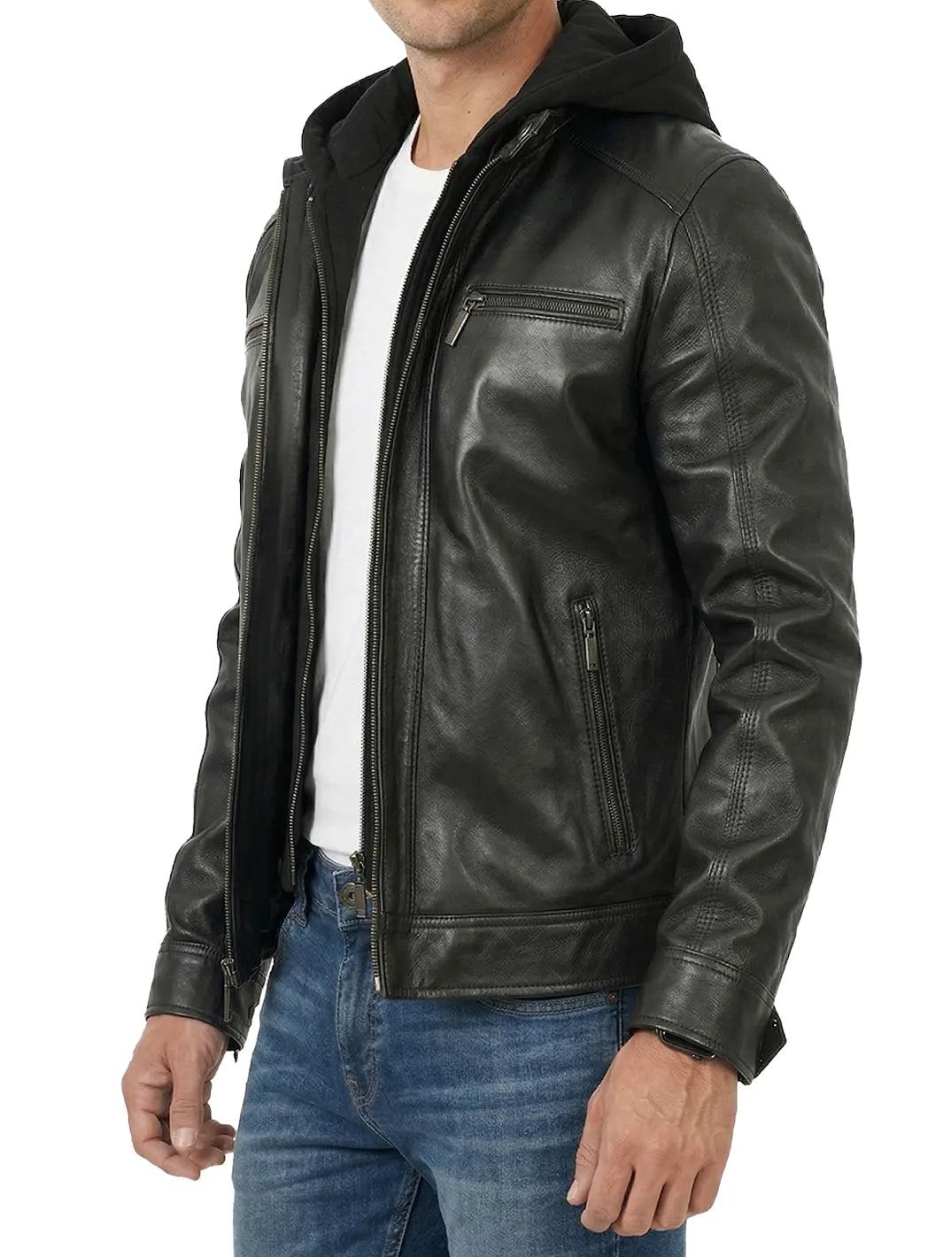 Merrill Black Lambskin Leather Jacket with Removable Hood 1