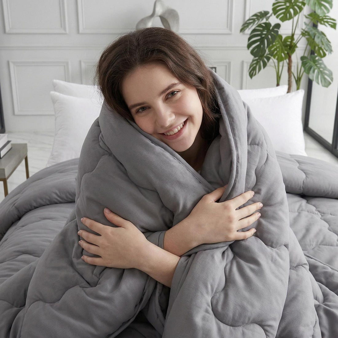 Woman sleeping peacefully under a gray minimalist solid color quilt comforter in a modern bedroom.