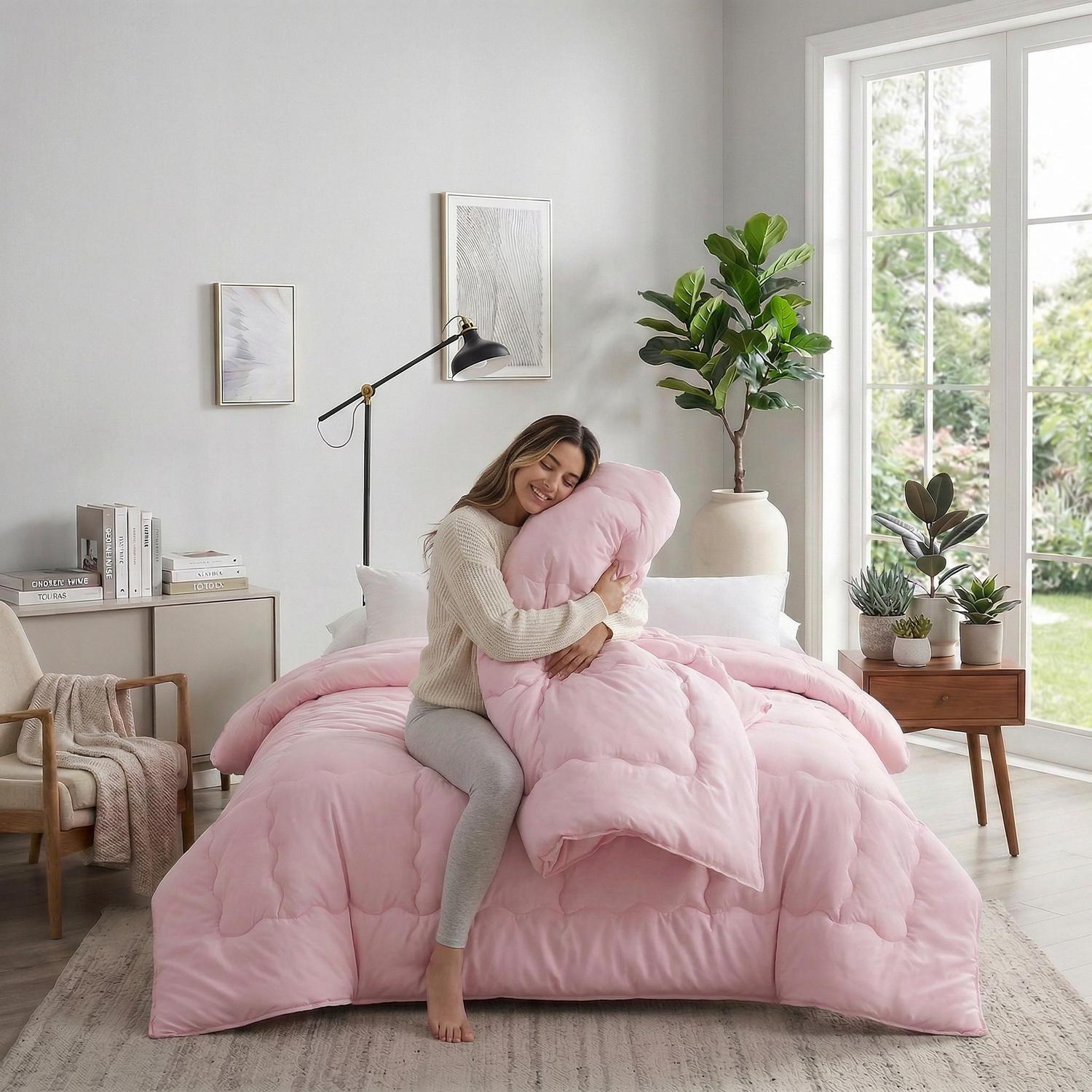 Smiling woman hugging a soft, lightweight pink minimalist quilt comforter on a bed in a bright bedroom.