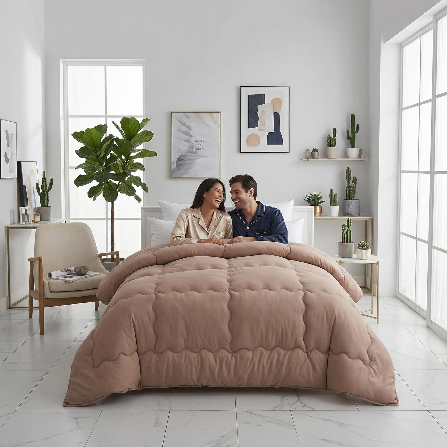 Smiling couple on a bed with a minimalist solid color quilt comforter in a modern bedroom.