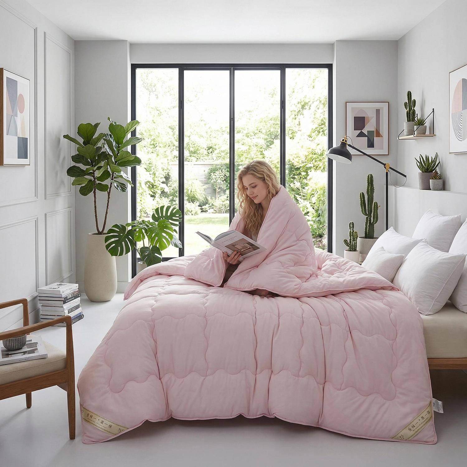 Blonde woman reading in a modern bedroom, covered by a light pink minimalist solid color quilt comforter.