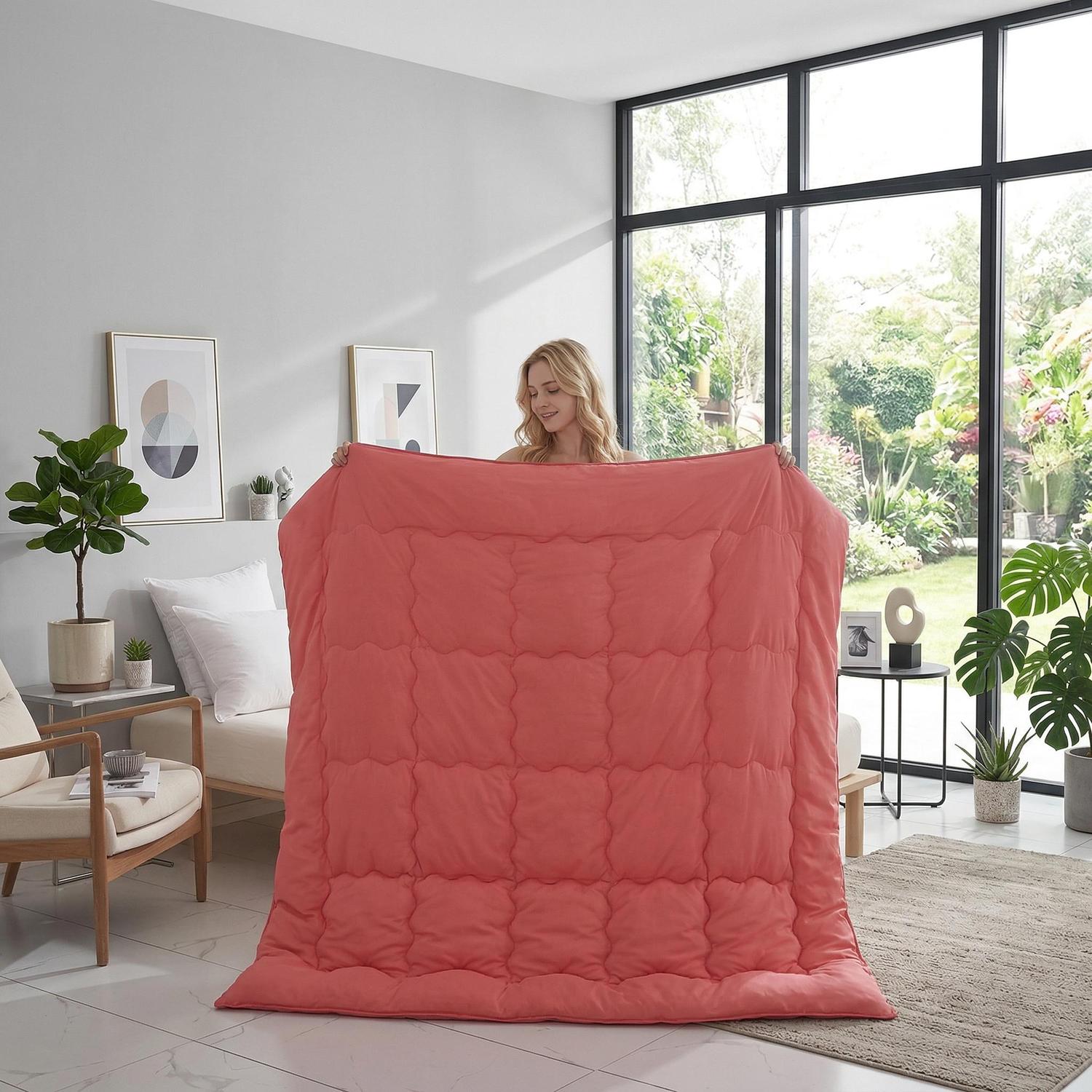 Blonde woman holding a coral pink minimalist solid color quilt comforter in a bright room.