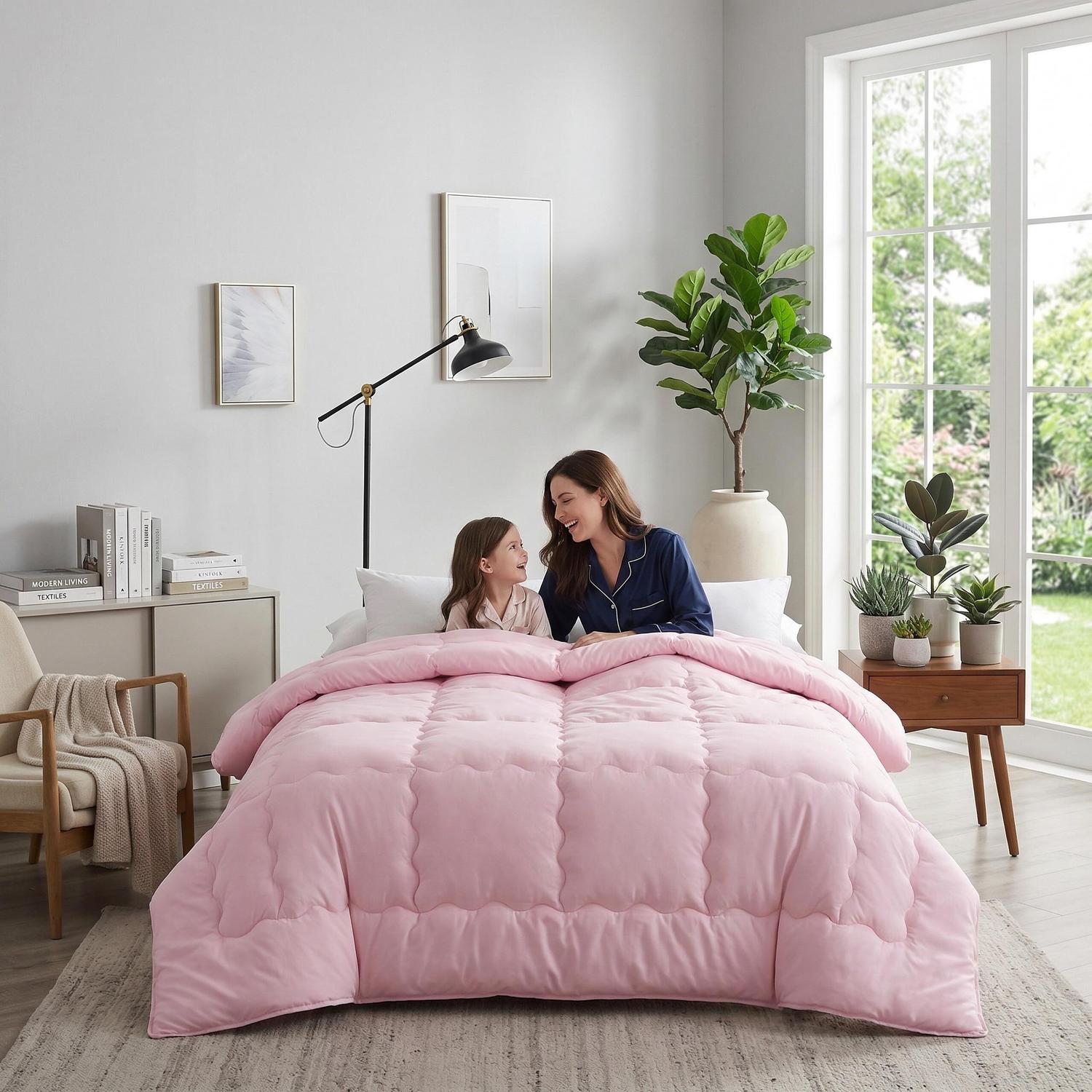 Mother and child on a bed with a pink minimalist solid color quilt comforter in a modern bedroom.