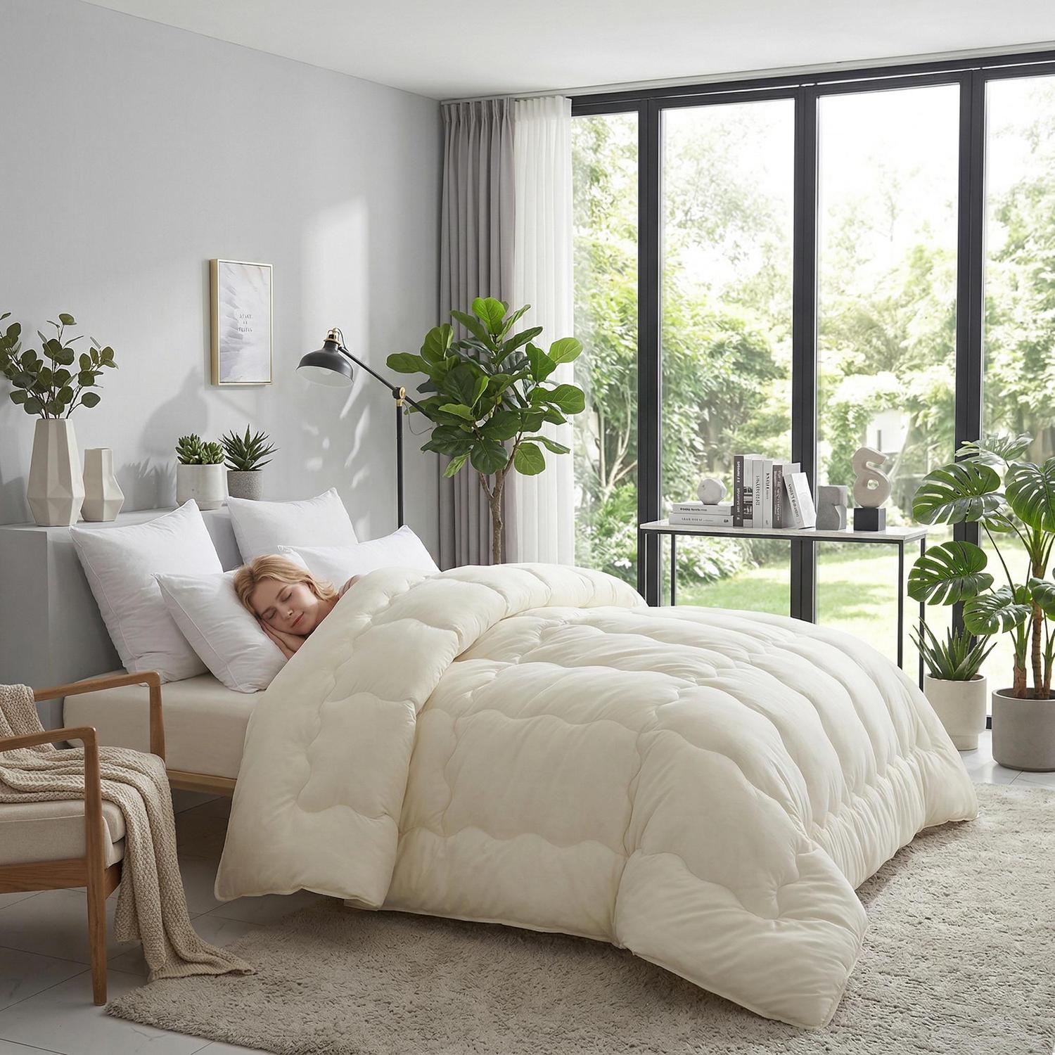 Blonde woman sleeping comfortably under a cream-colored, minimalist solid quilt comforter in a bright bedroom.