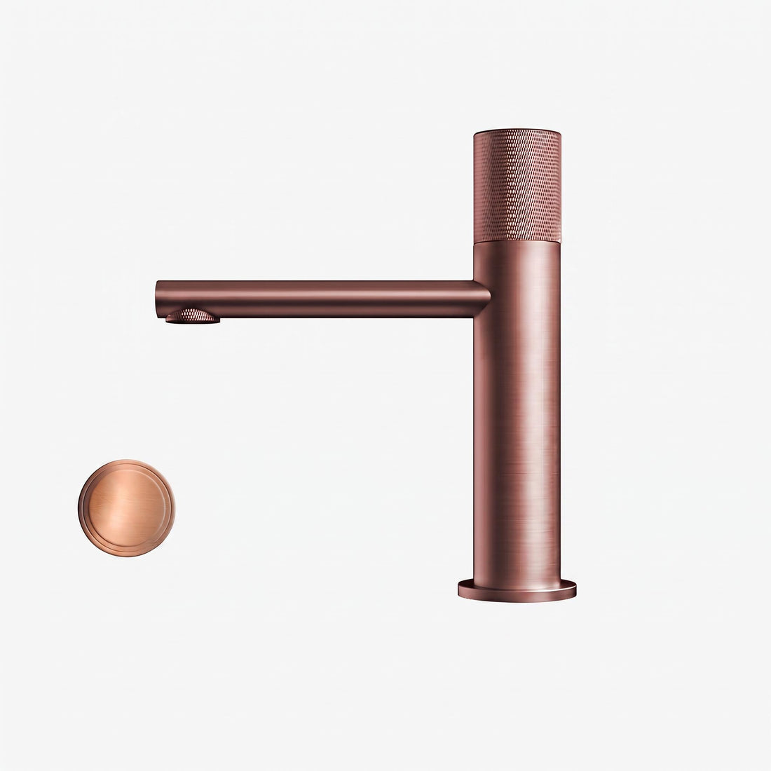 Modern copper-finish brass bathroom faucet with a textured diamond-patterned single handle and matching drain cover.