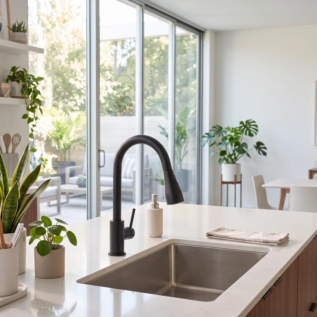 Modern matte black kitchen faucet with pull-out sprayer in a bright, contemporary kitchen setting.
