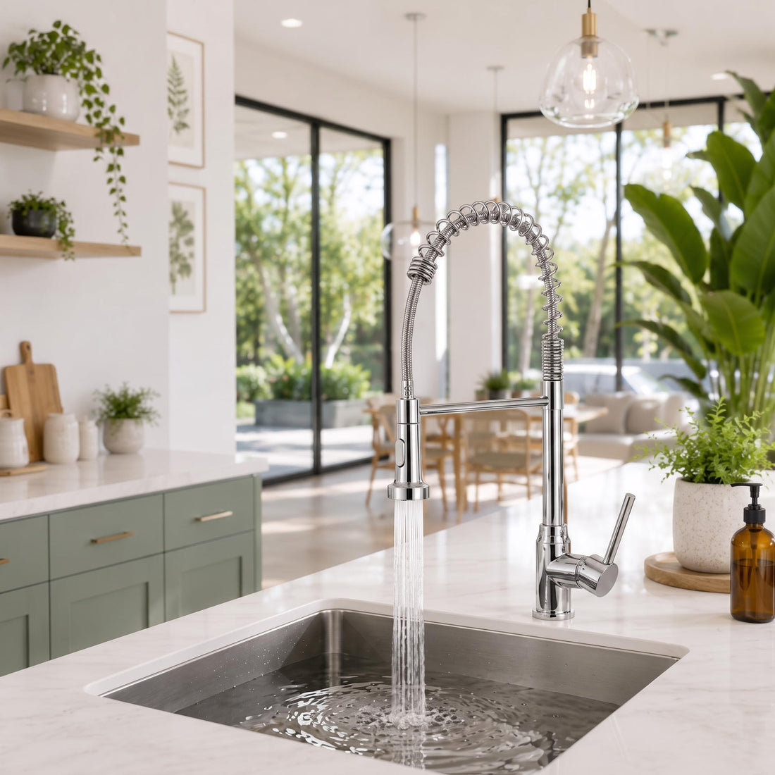 Modern stainless steel kitchen faucet with pull-down sprayer and 360-degree rotation in a contemporary home kitchen.