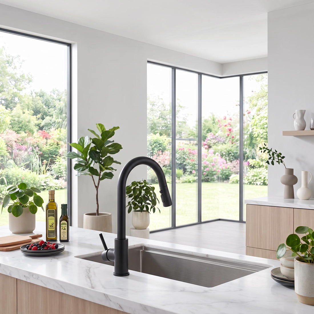 Modern black stainless steel kitchen faucet with a pull-out sprayer being used to rinse dishes in a bright, contemporary kitchen.