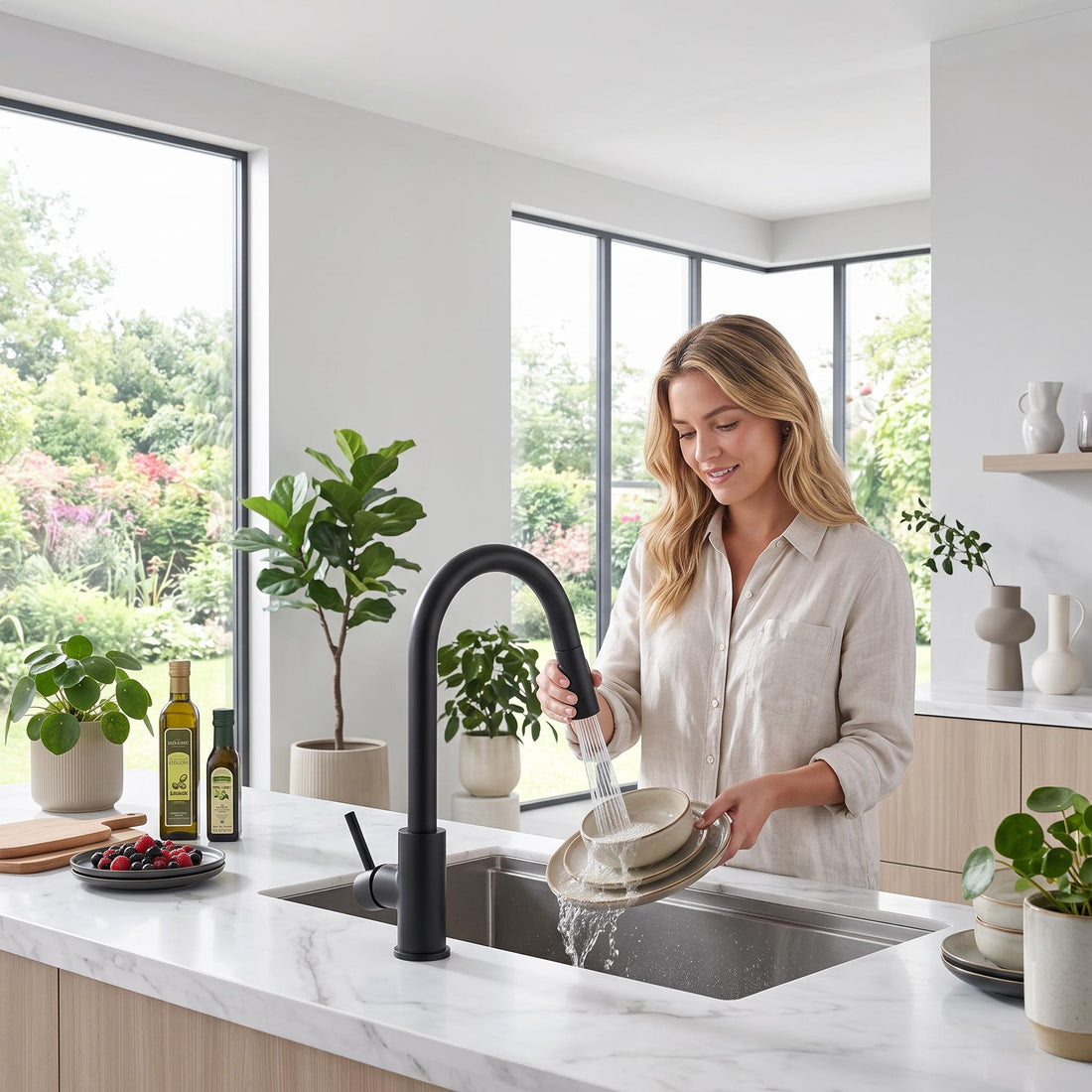 Modern black stainless steel kitchen faucet with a pull-out sprayer being used to rinse dishes in a bright, contemporary kitchen.