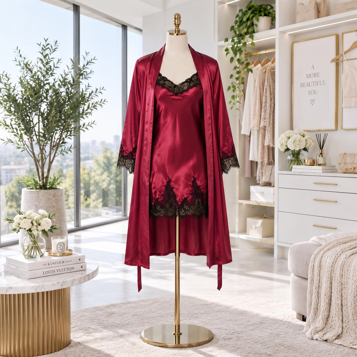 Mulberry Nightgown and Robe Set with Lace Trim-Women's Sleepwear-Glompi-Glompi