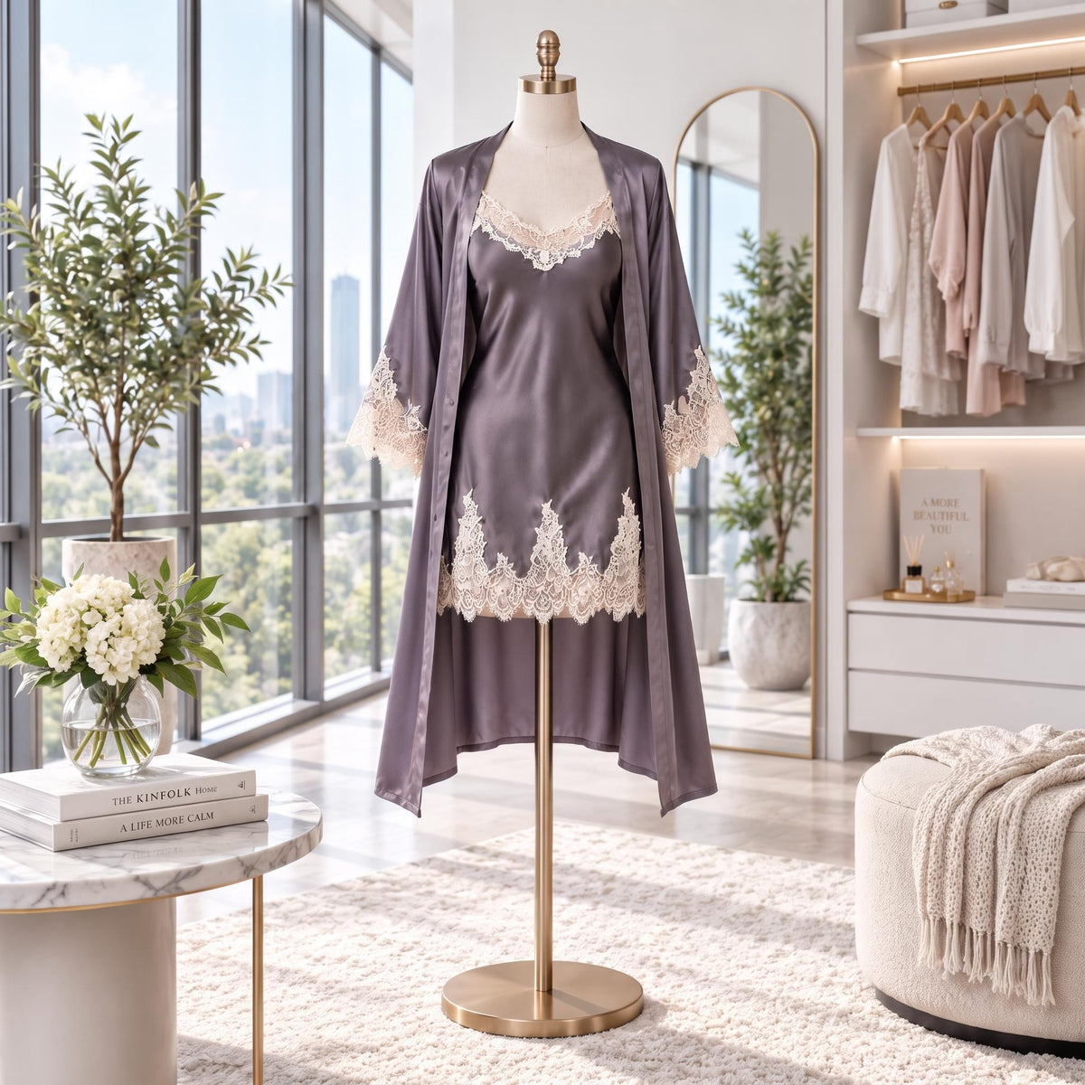 Mulberry Nightgown and Robe Set with Lace Trim-Women's Sleepwear-Glompi-Glompi