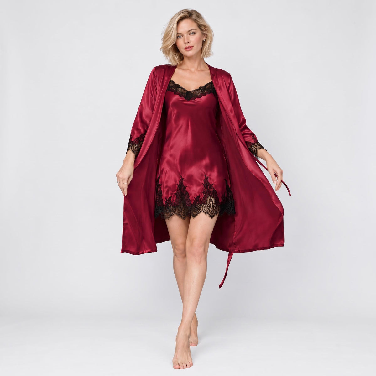 Mulberry Nightgown and Robe Set with Lace Trim-Women's Sleepwear-Glompi-Dark Red-Extra Small-Glompi