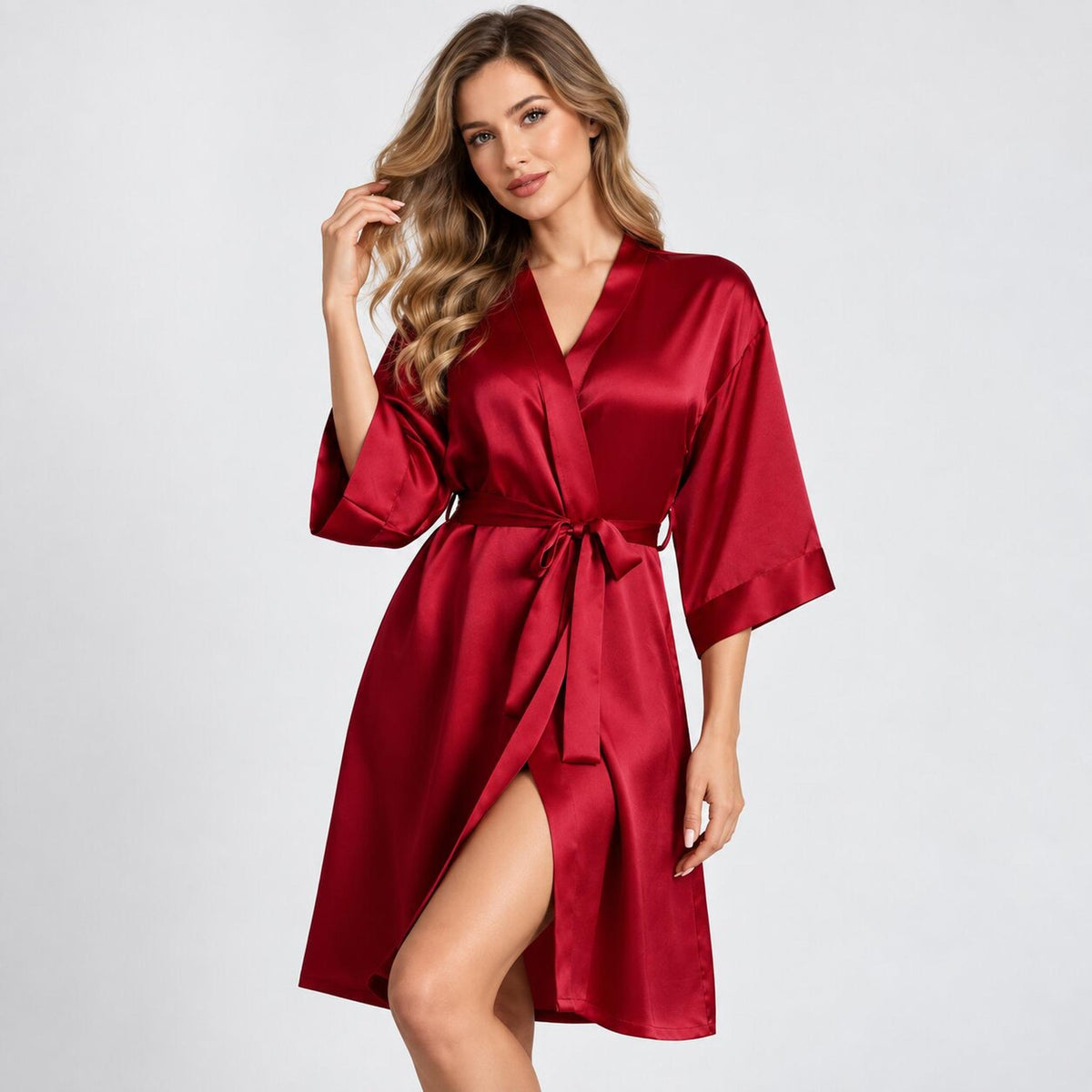 Mulberry Silk 3/4 Sleeve Women's Kimono Wrap Robe-Robes-Glompi-Wine-Extra Small-Glompi