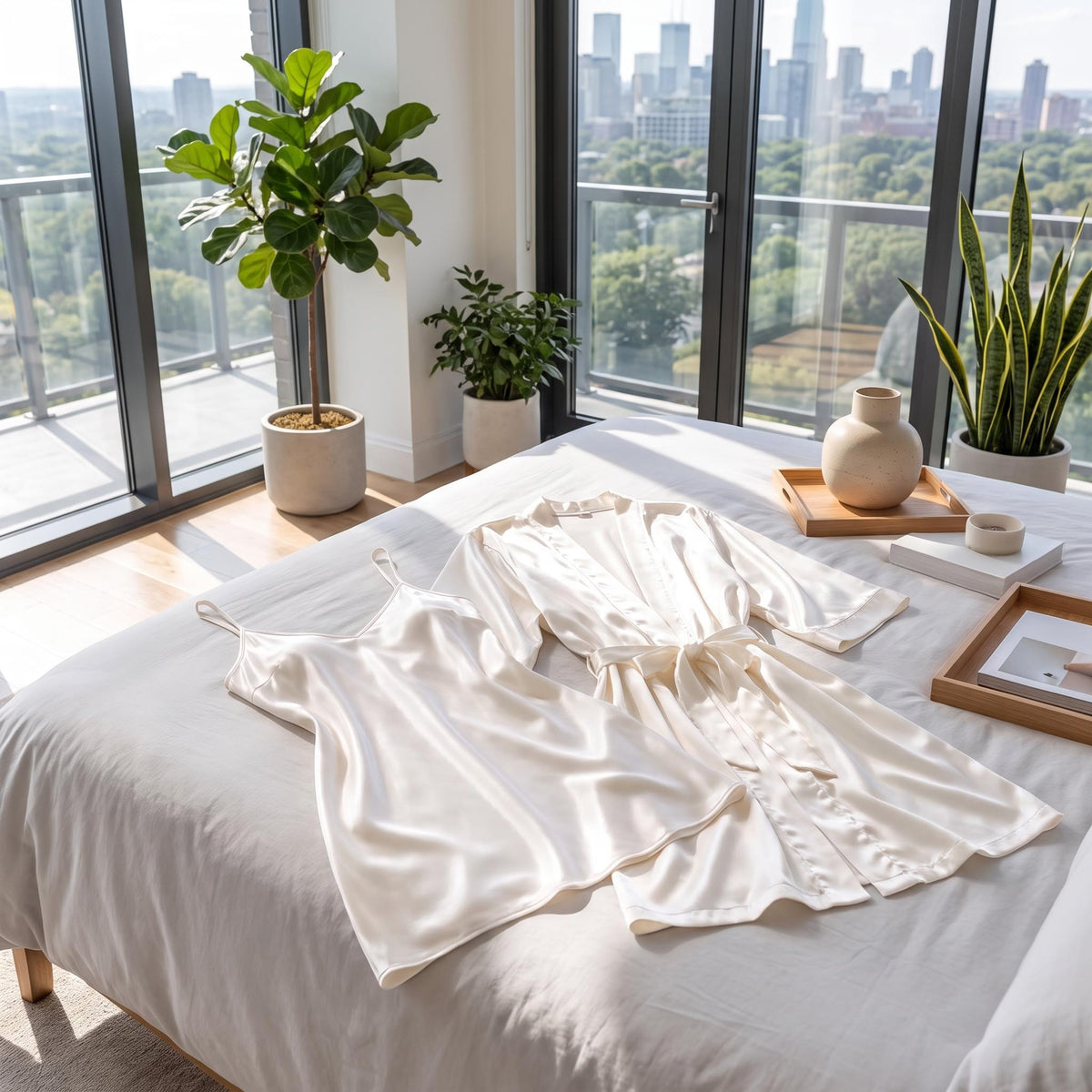 Champagne mulberry silk kimono robe and matching spaghetti strap nightgown set laid out on a bed.