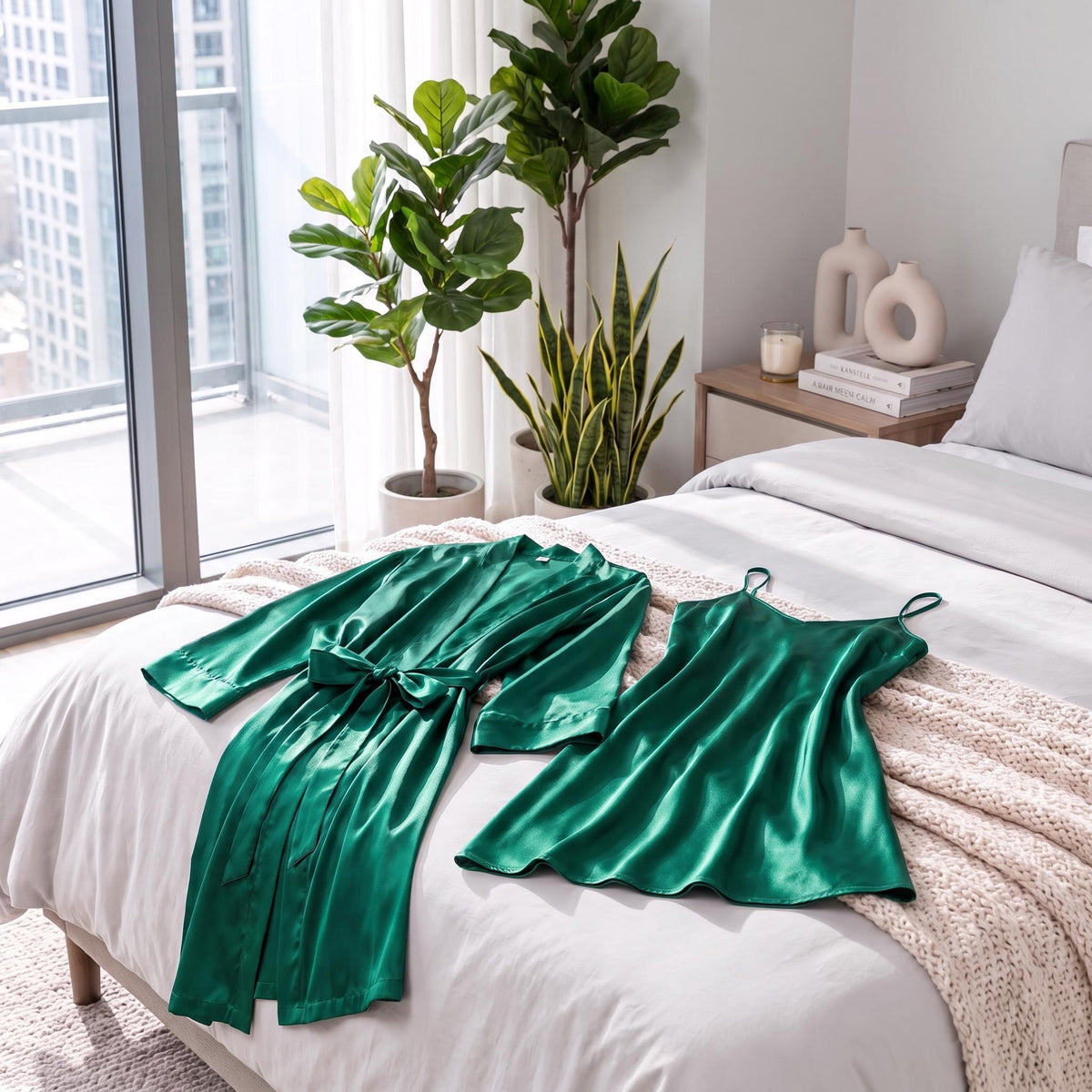 Emerald green mulberry silk kimono robe and matching spaghetti strap nightgown set laid out on a bed.