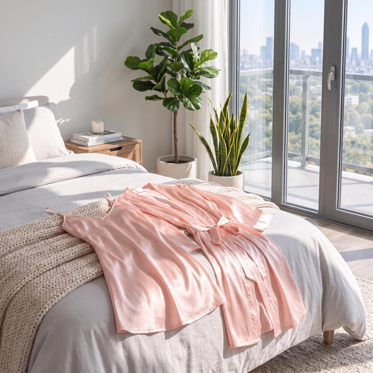 Light pink mulberry silk kimono robe and matching spaghetti strap nightgown set laid out on a bed.