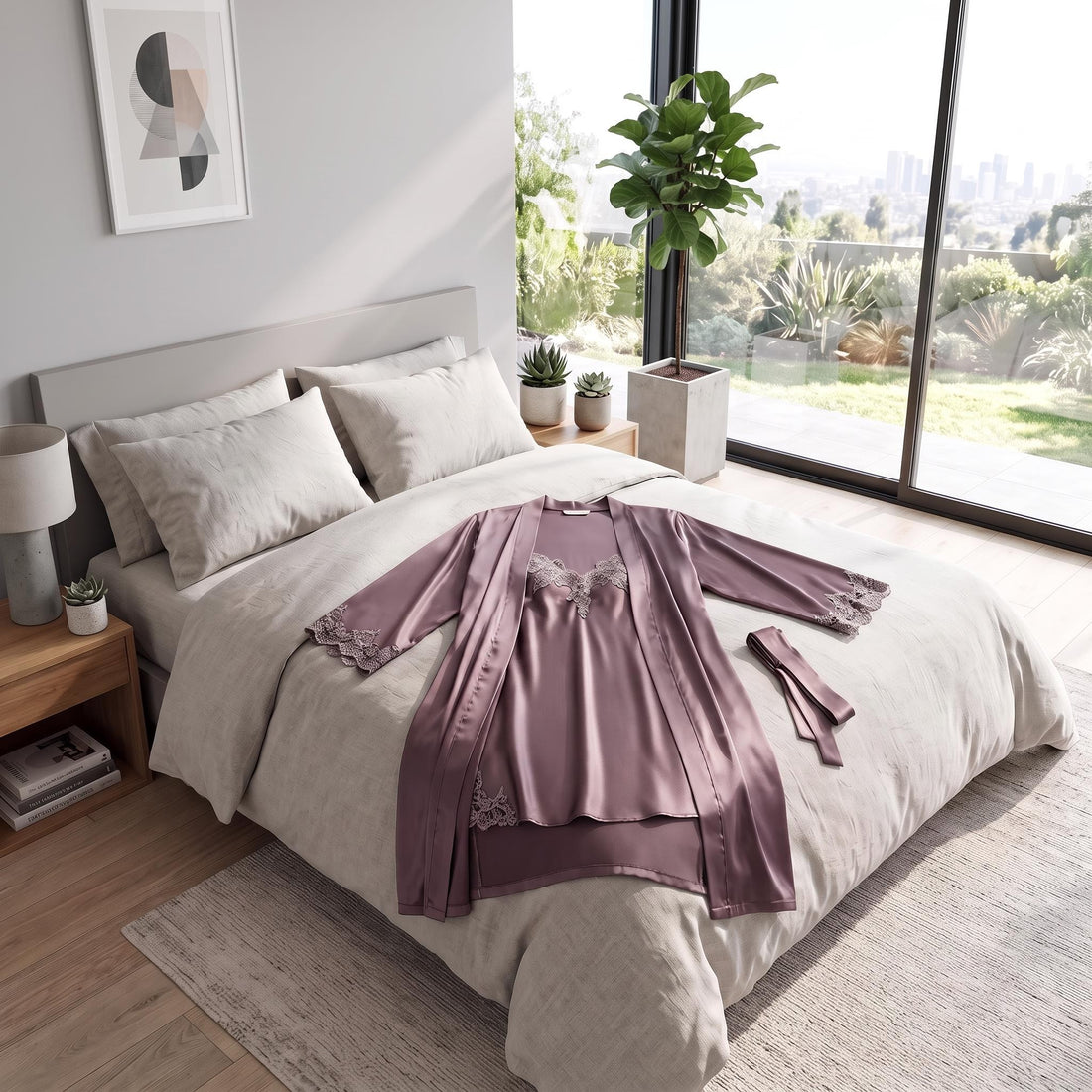 Woman wearing a mauve mulberry silk nightgown and robe set with delicate lace trim while watering plants in a bedroom.
