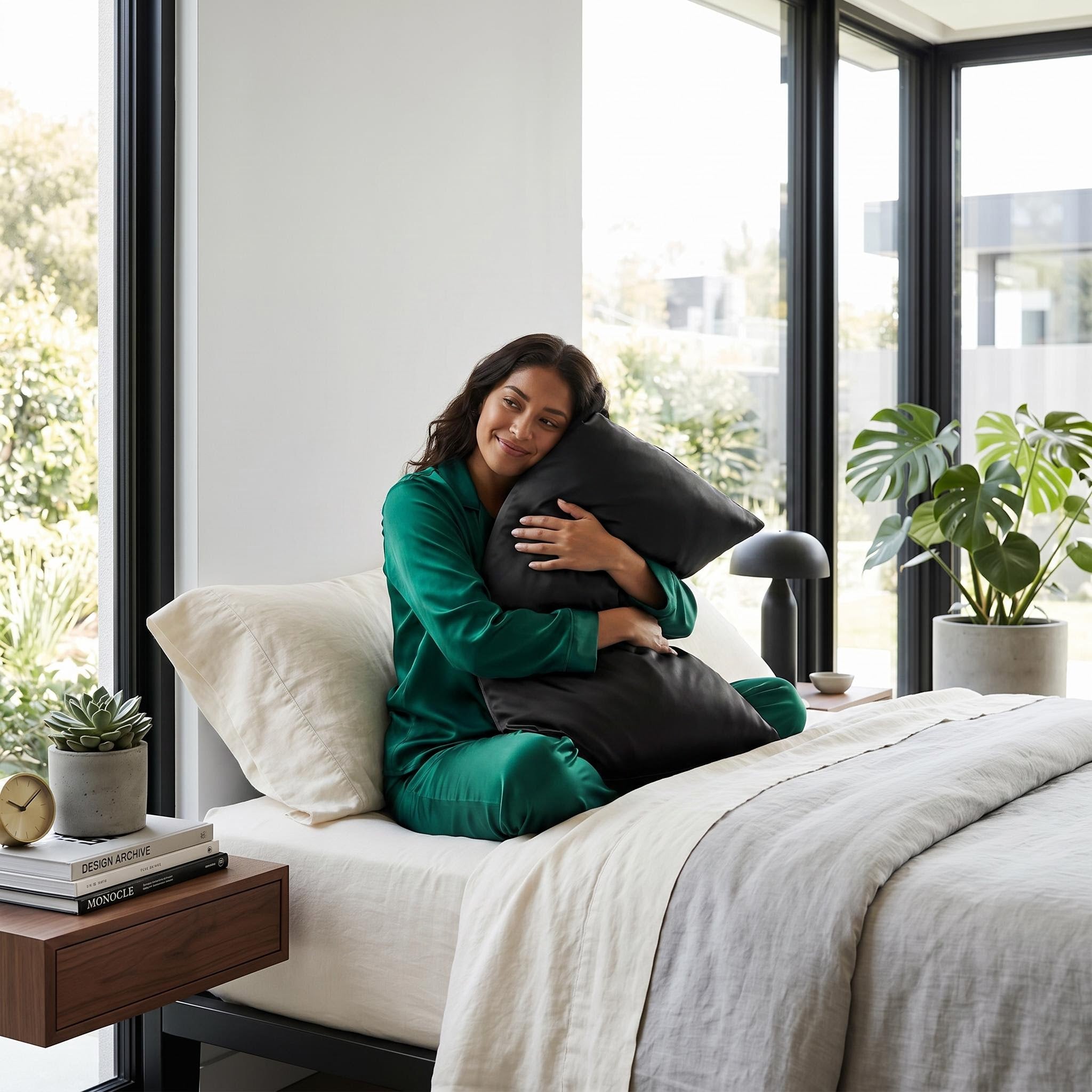 Woman in green pajamas hugging a black mulberry silk pillowcase on a modern bed.