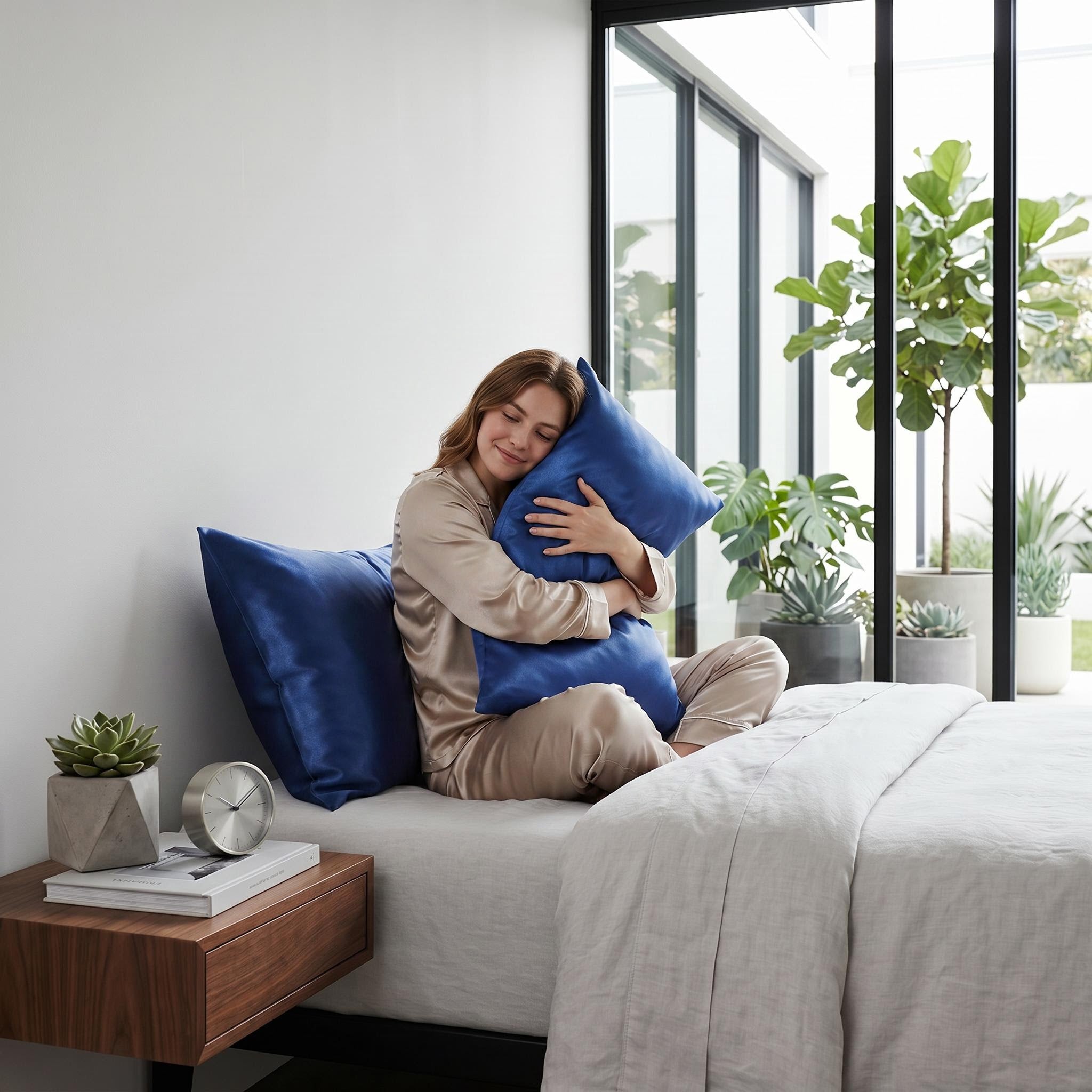 Woman in silk pajamas hugging a blue mulberry silk pillowcase on a bed, with another pillowcase beside her.