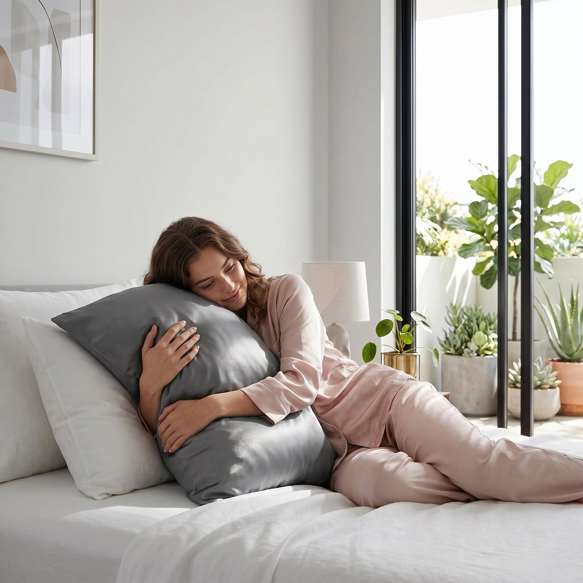 Woman in pink pajamas sleeping on a bed, hugging a soft gray mulberry silk pillowcase.
