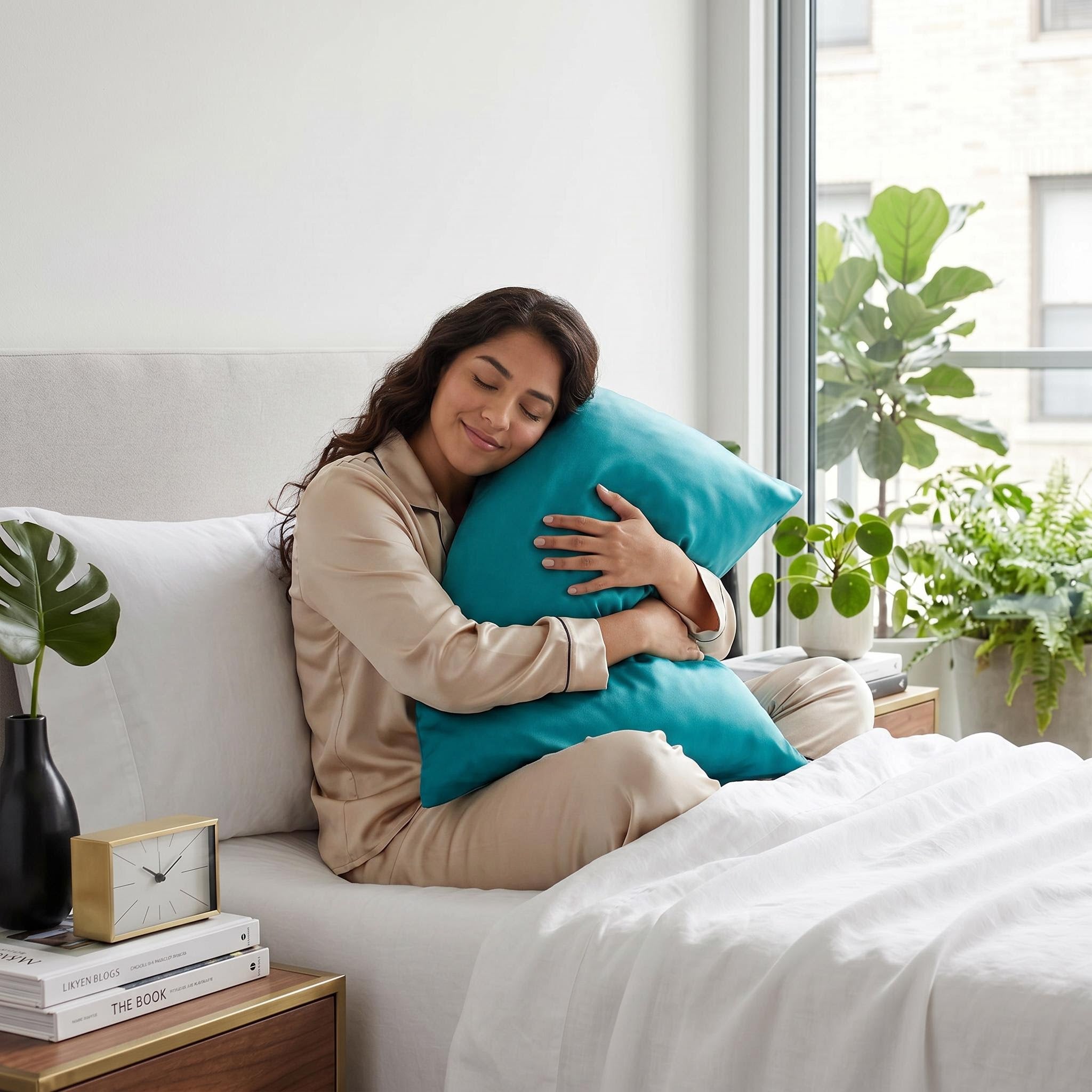 Woman in silk pajamas hugging a teal mulberry silk pillowcase on a white bed.