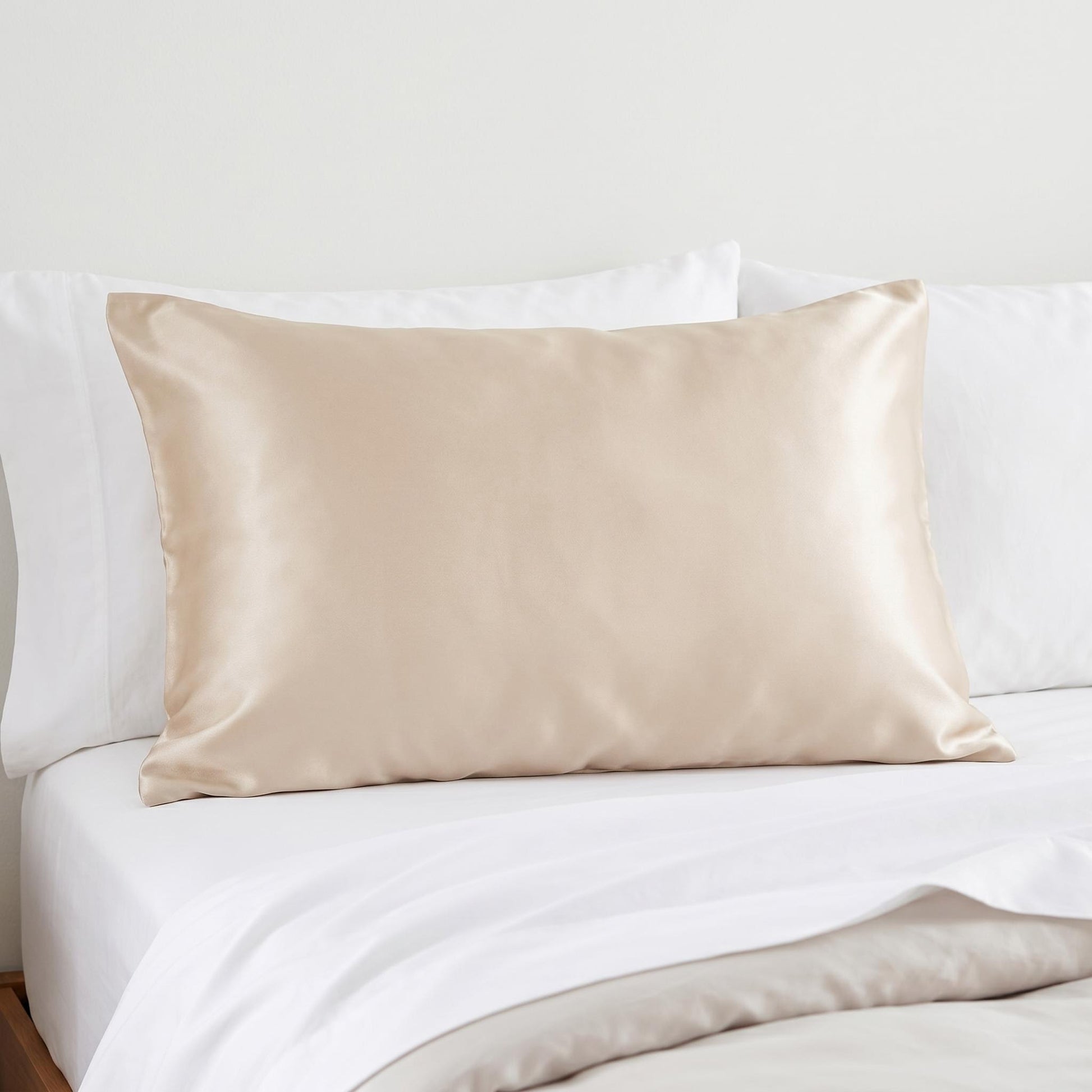 Champagne mulberry silk pillowcase on white bedding, showcasing its smooth, luxurious texture.